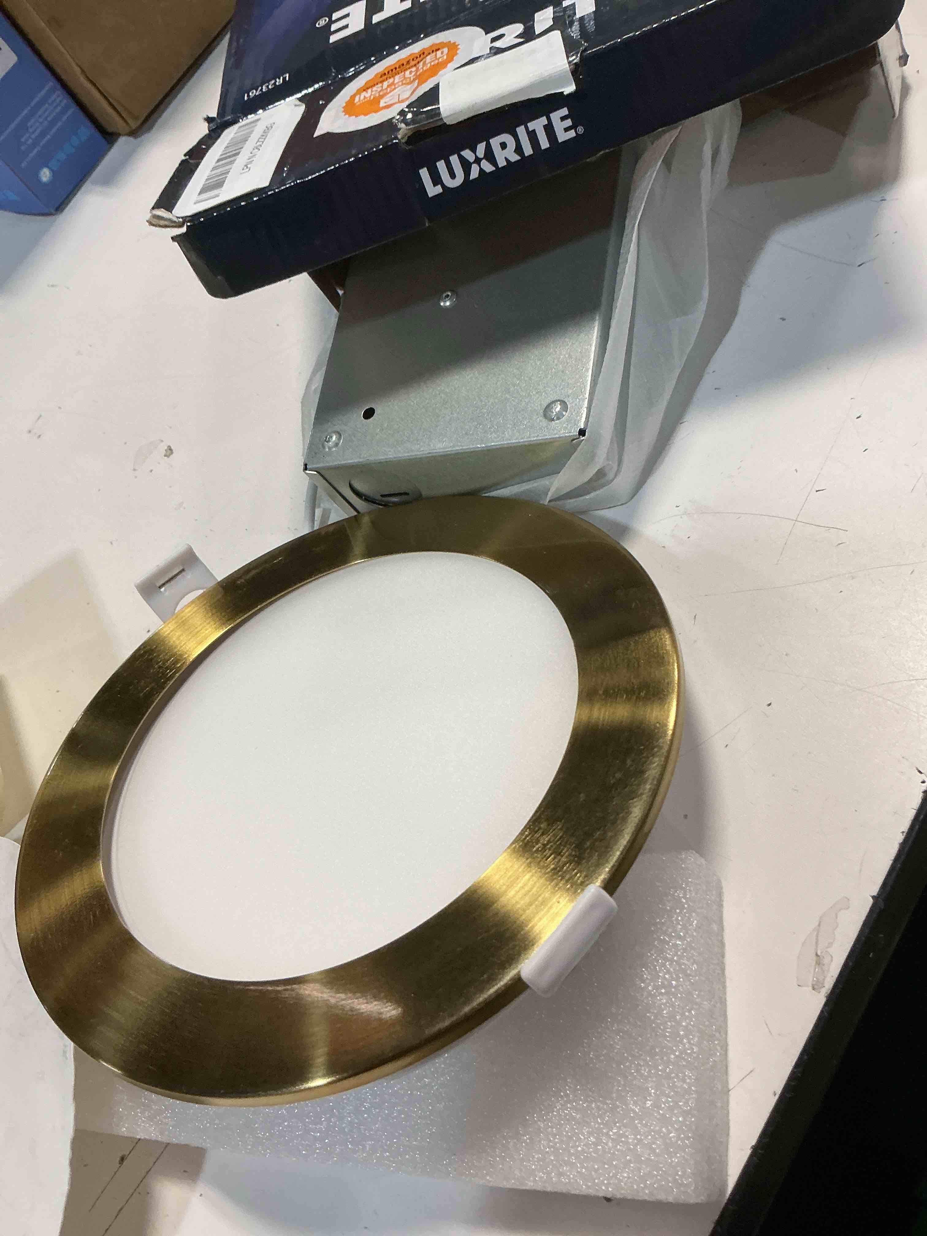 Condition photo showing As Is for luxrite 6 inch ultra thin led recessed light with j-box, 12w, 5 color options 2700k | 3000k | 3500k | 4000k | 5000k, dimmable wafer light, 1000 lumens, brass trim, energy star, ic rated (4 pack) brass trim 4 count (pack of 1)