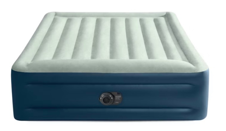 intex elevated 18" pillow rest queen air mattress with internal pump - off-white/blue