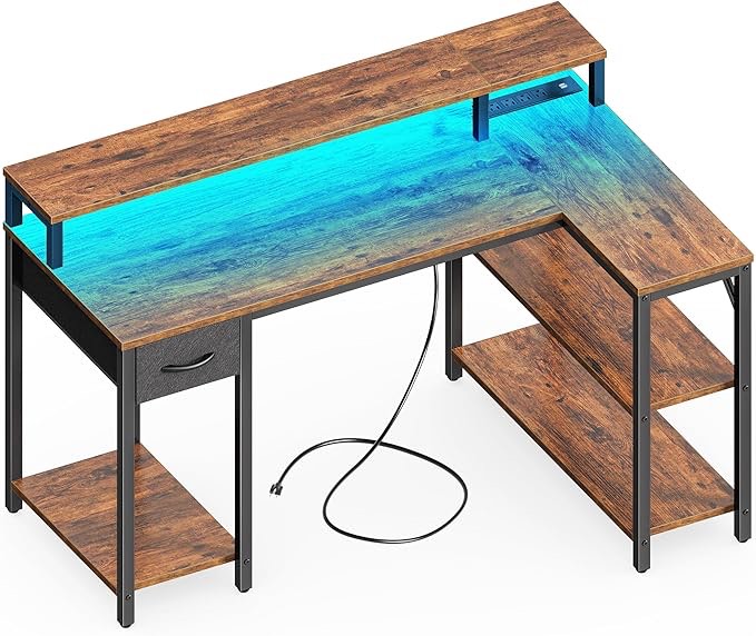 superjare 47 inch reversible l shaped desk with led lights & power outlets, computer desk with shelves & monitor stand, gaming desk with drawer, home office desk corner desk, rustic brown