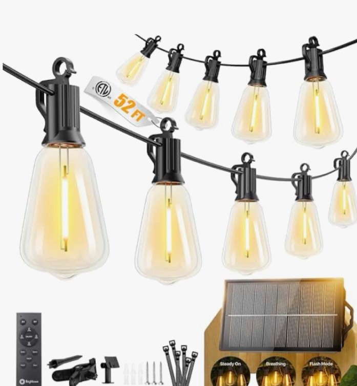 brightown 52ft solar string lights outdoor waterproof, patio lights with remote and 15+1 led shatterproof bulbs, dimmable & timable, 3 light modes, solar lights outdoor for yard garden camping party