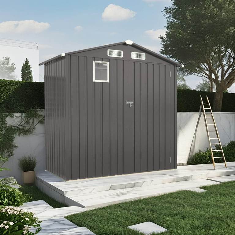 ((incomplete ))6x4 ft outdoor storage shed with window, metal garden tool shed with vents and lockable double doors, waterproof organization for patio/backyard/lawn storage, gray