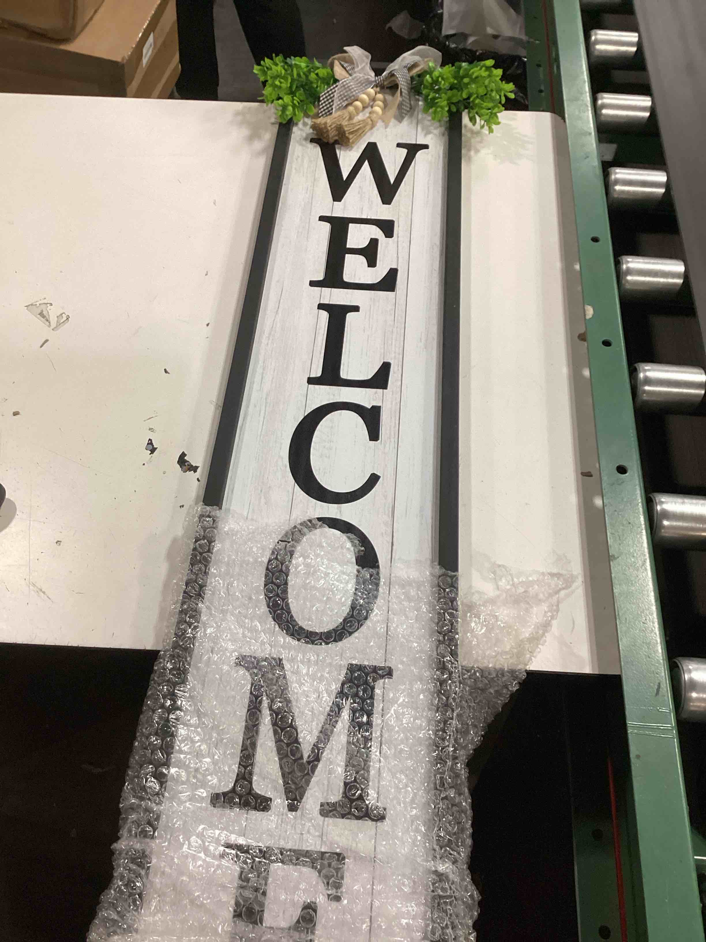 Condition photo showing As Is for (similar style as stock photo) 3d outdoor welcome sign for front porch, wood frame welcome signs decor for rustic farmhouse outside home front door decorations (black trim)