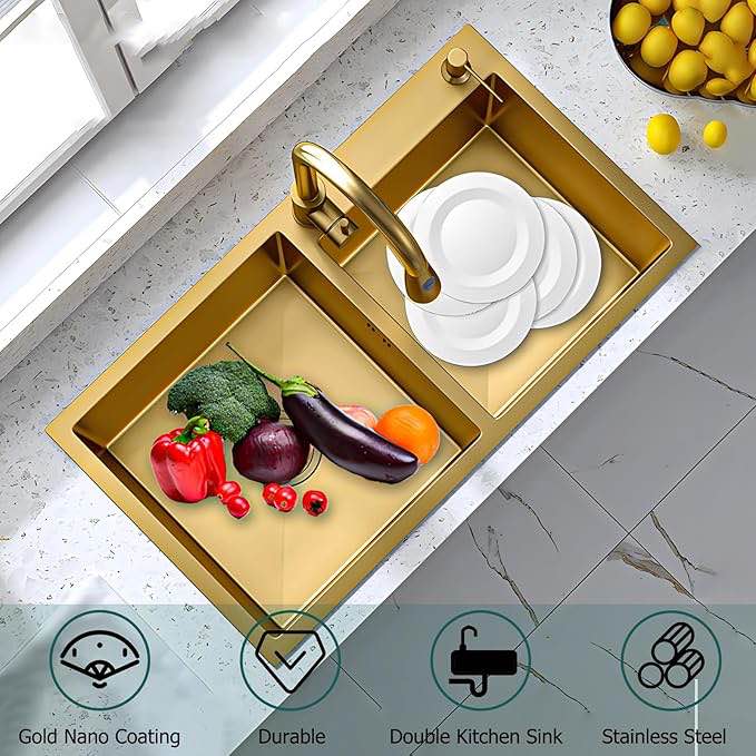 gold double bowl kitchen sink, 31.5" ×17.7" stainless steel nano-coated, double basin sink, drop-in undermount, with gold sink stopper drain strainer