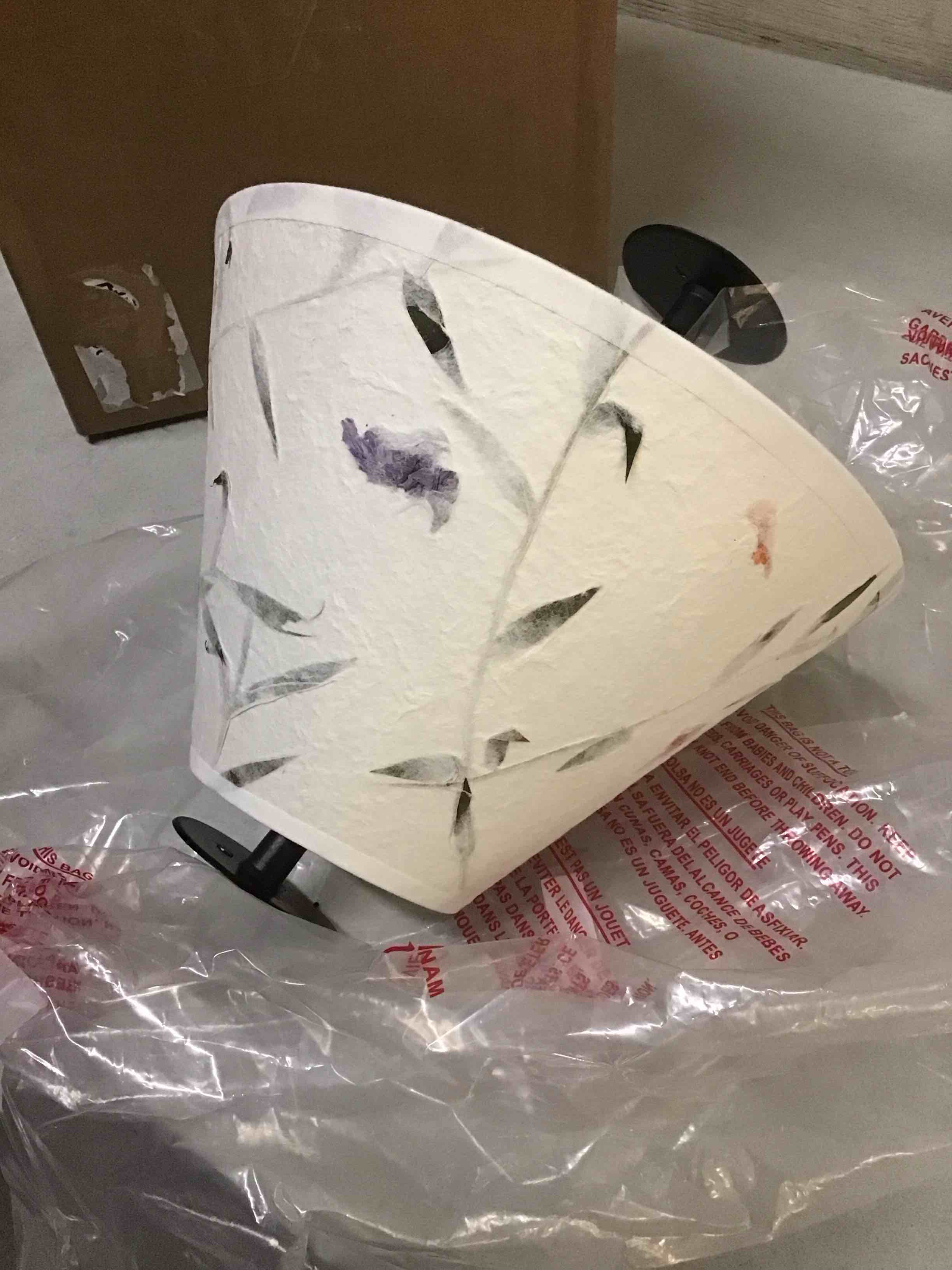 Condition photo showing Good Condition for aspen creative 58752a, hardback empire transitional uno lamp shade, off white with leaves and petals in paper, 4" top x 10" bottom x 7" slant height, slip 33mm