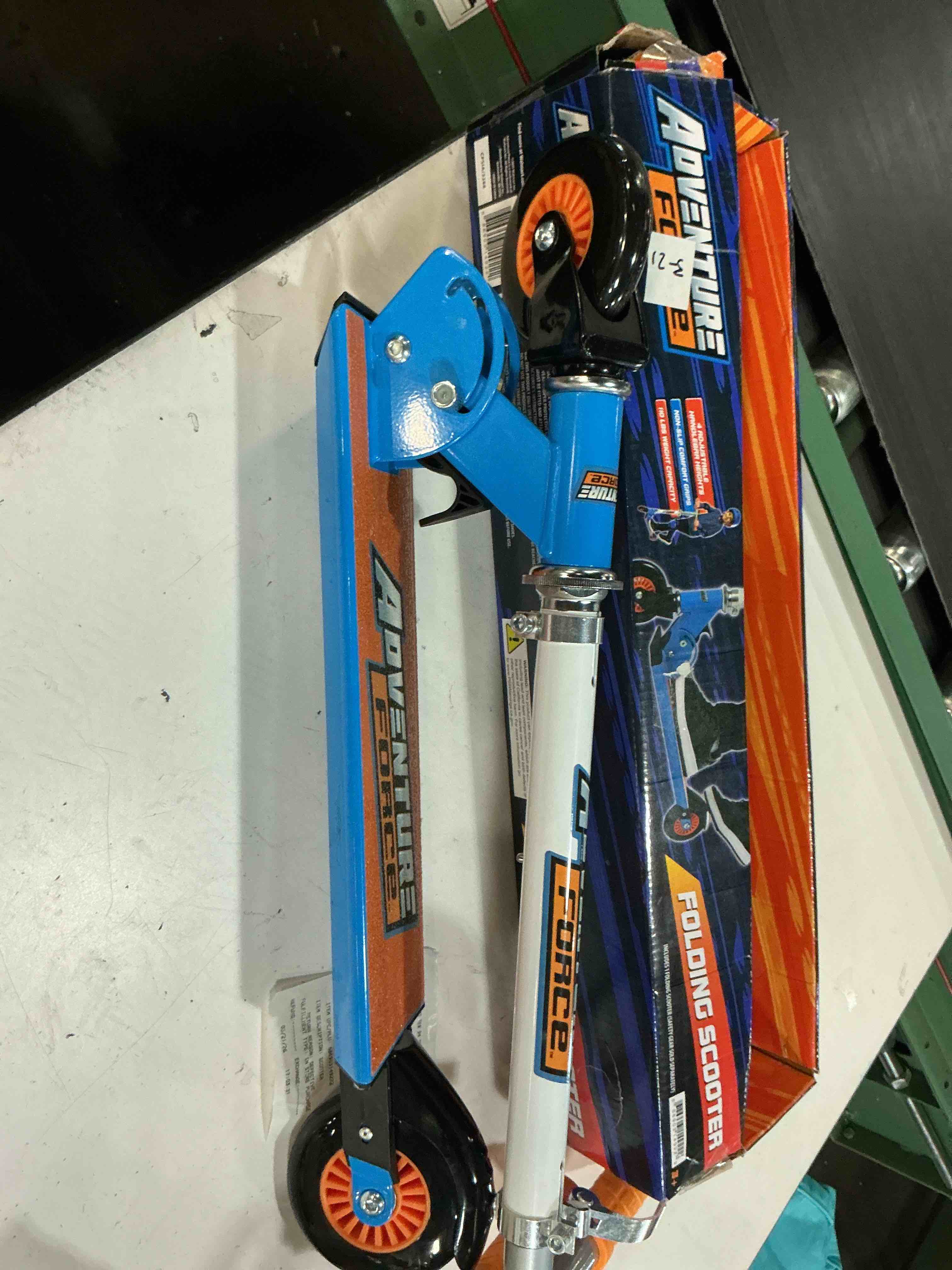 Condition photo showing As Is for adventure force folding kids scooter - blue and orange 100mm wheels - 110 lbs max weight - 3+ unisex