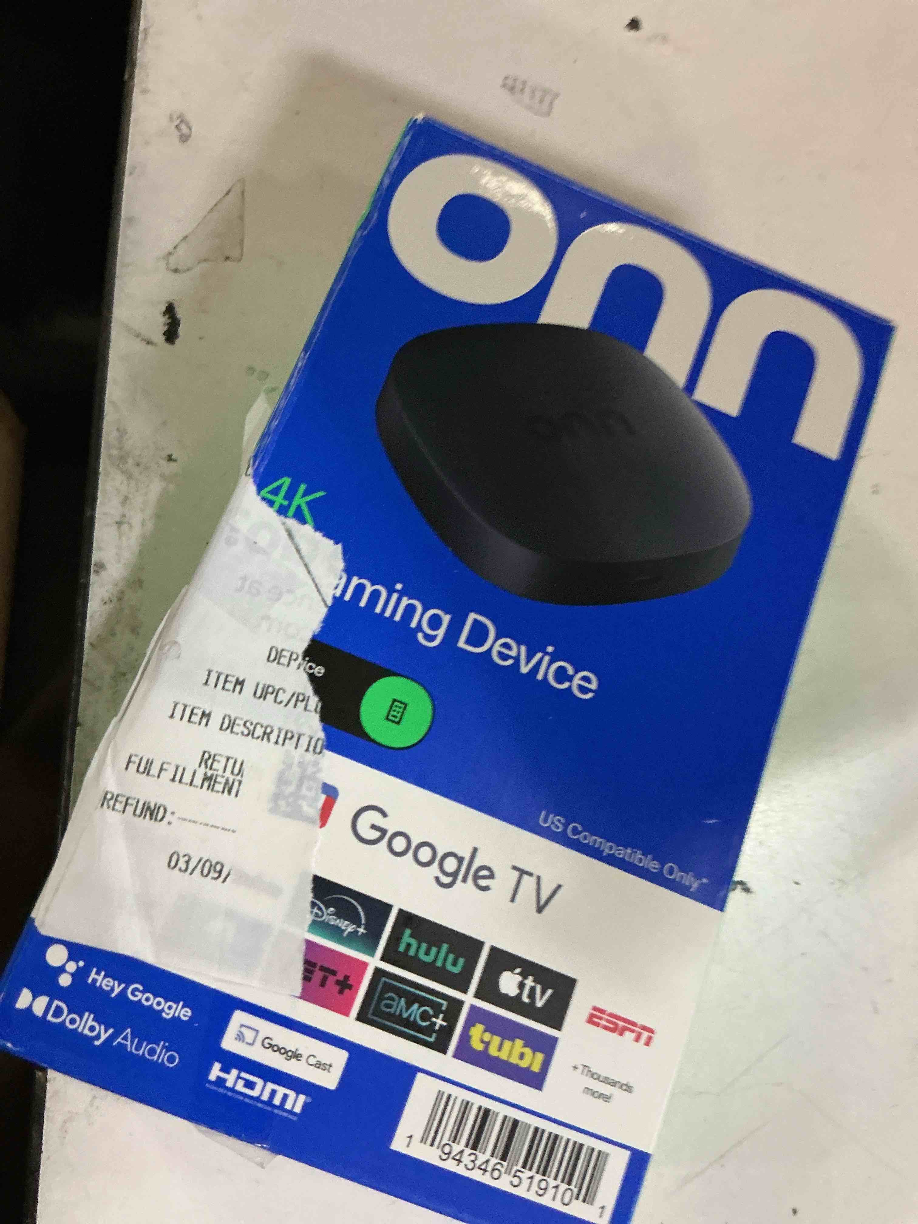 Condition photo showing Good Condition for onn. 4k streaming device with google tv, 8gb storage, 2gb ram, ultra hd smart tv streaming player, voice remote with google assistant, fast wi-fi streaming, hdmi media streamer with dolby vision