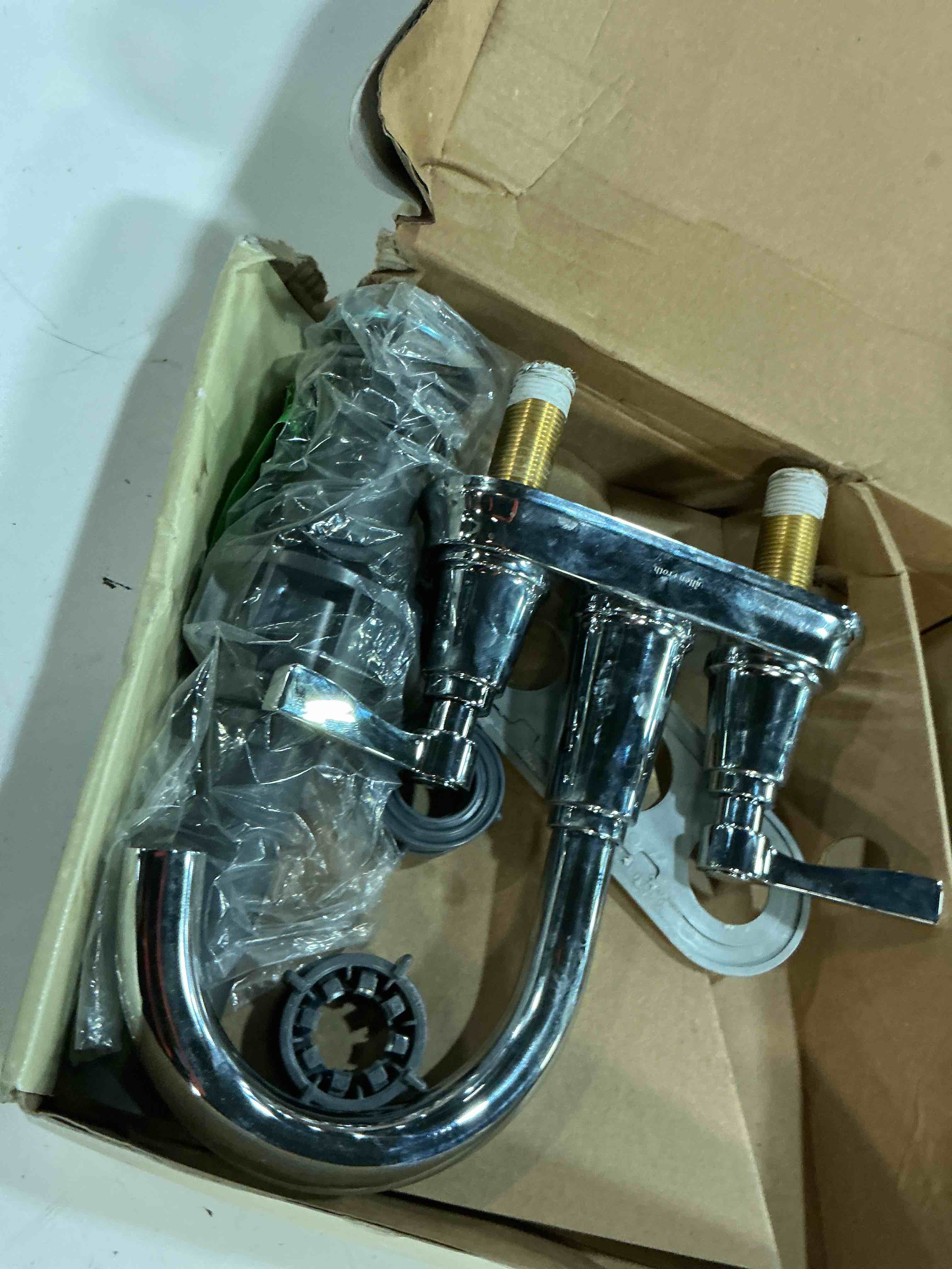 Condition photo showing As Is for allen + roth townley polished chrome 4-in centerset 2-handle watersense high-arc residential handle bathroom sink faucet with drain with deck plate - 67130w-6001