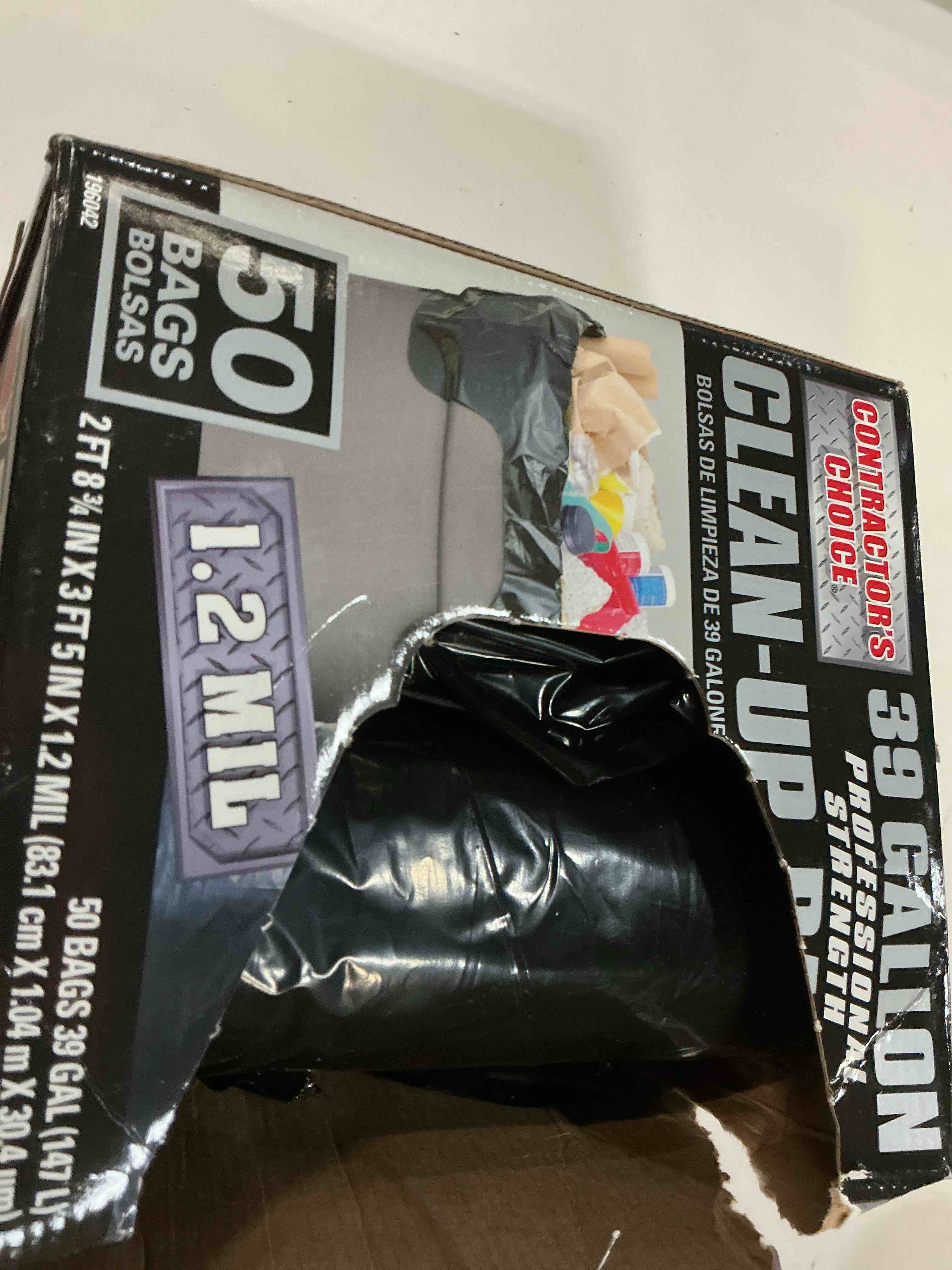 Condition photo showing As Is for contractor s choice 50-count 39-gallon outdoor construction trash bags