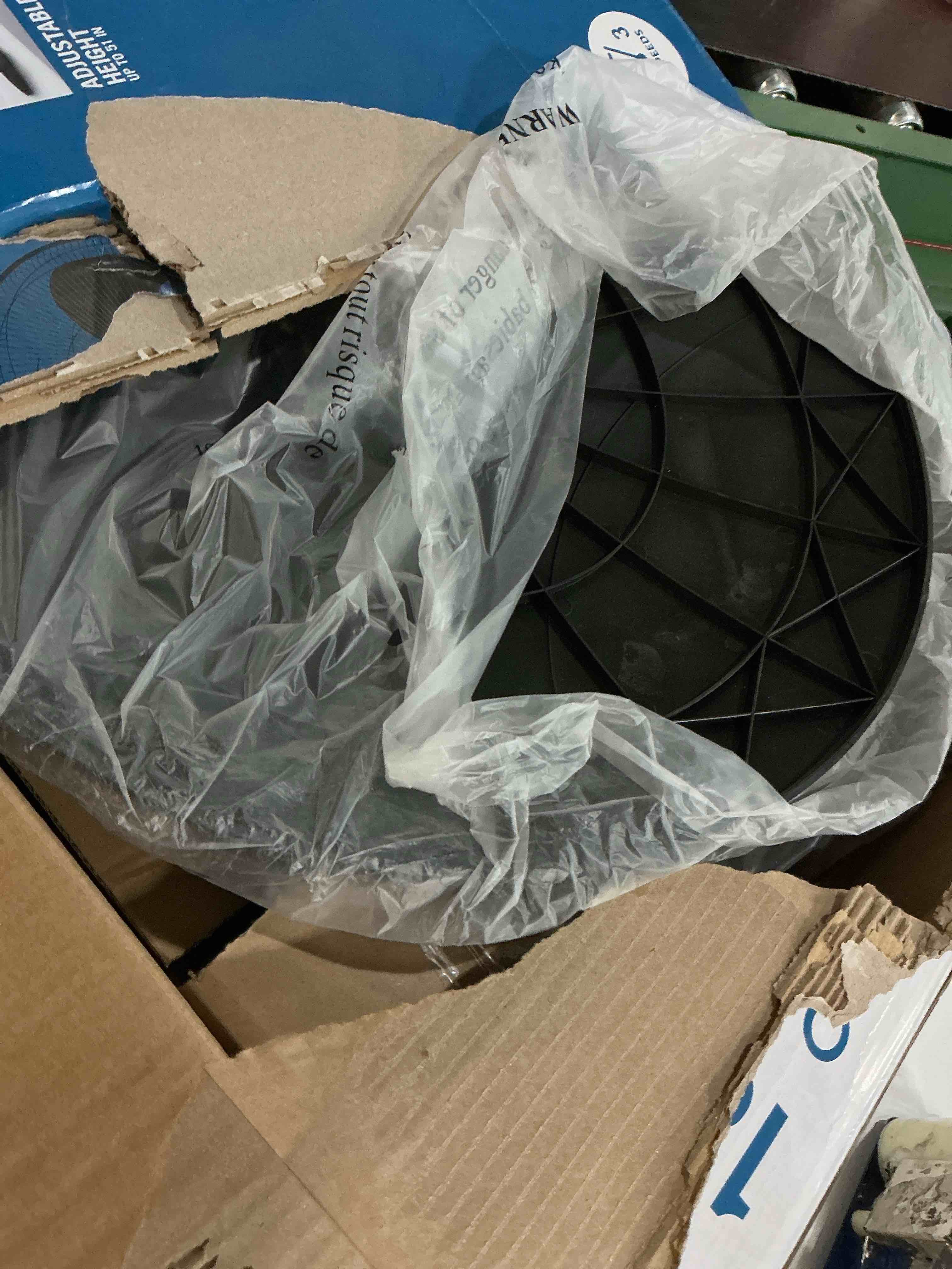 Condition photo showing As Is for utilitech 18-in indoor oscillating pedestal fan, in black with remote