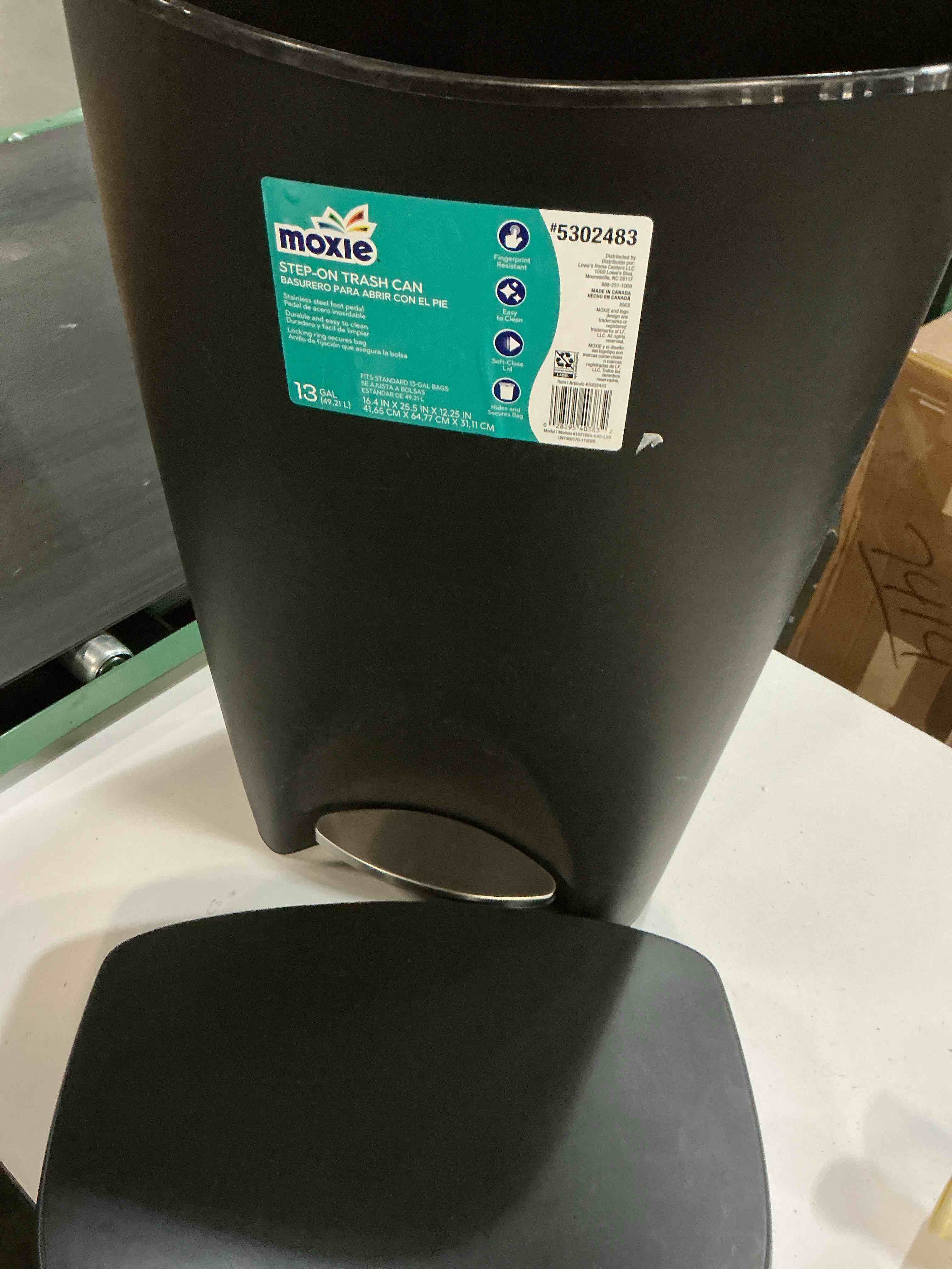 Condition photo showing As Is for moxie trash can with lid