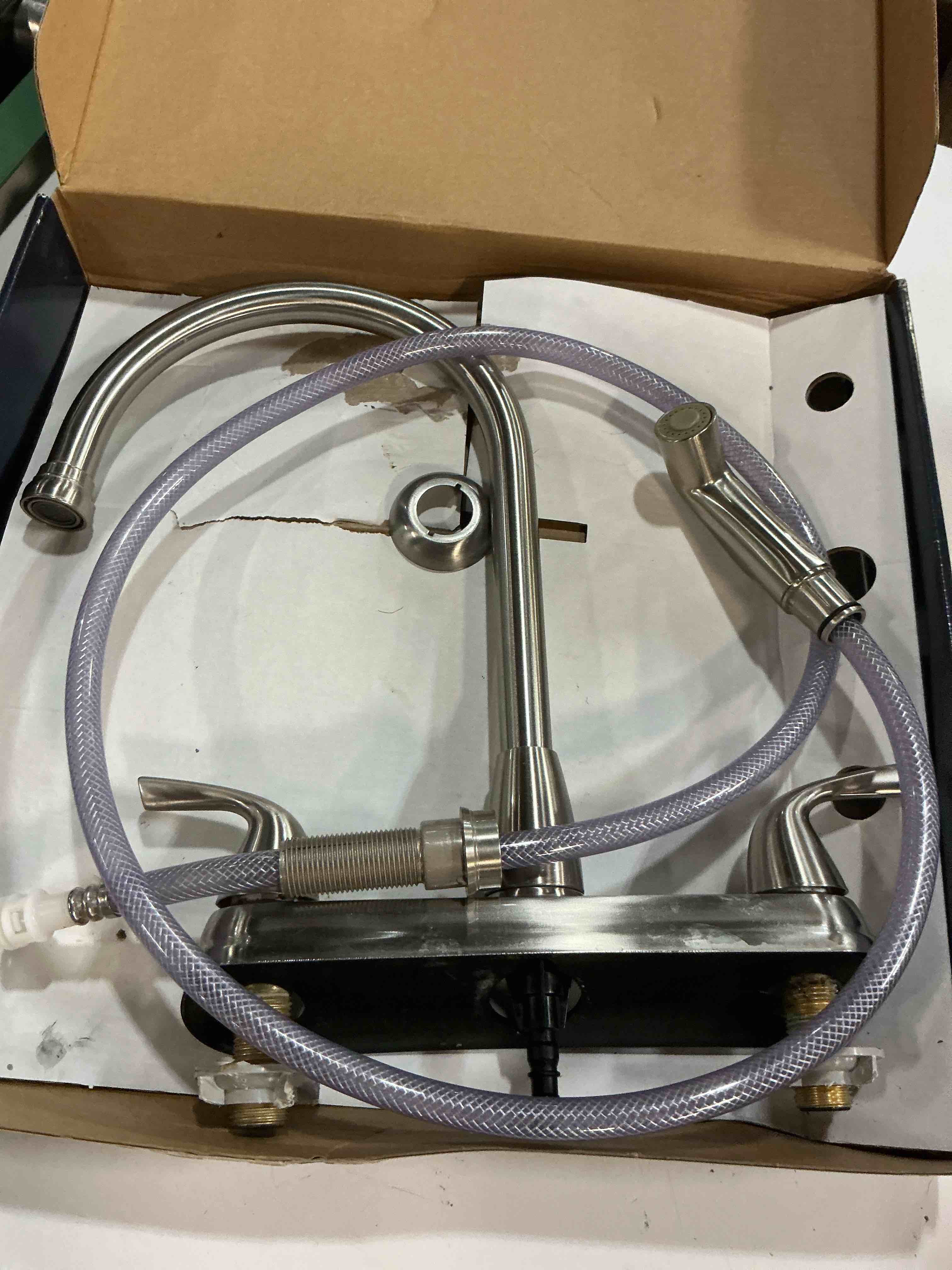 Condition photo showing As Is for project source ?everfield stainless steel 2-handle high-arc kitchen faucet