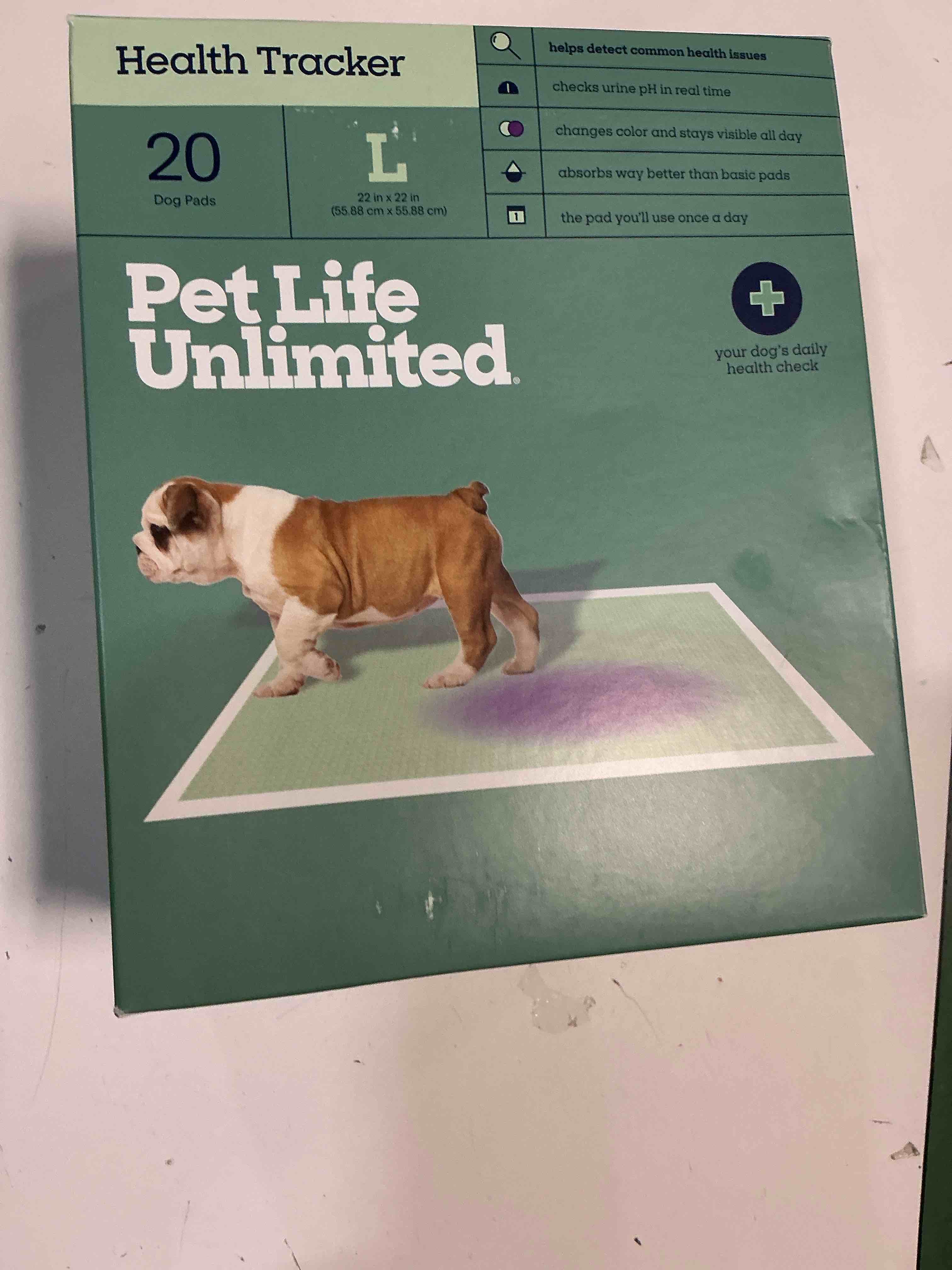 Condition photo showing New/Like New for pet life unlimited health check puppy pads for dogs, health indicating pee pads, 20 count, 22" x 22", color-track technology detects common health issues, leak-proof, super absorbent, made in usa