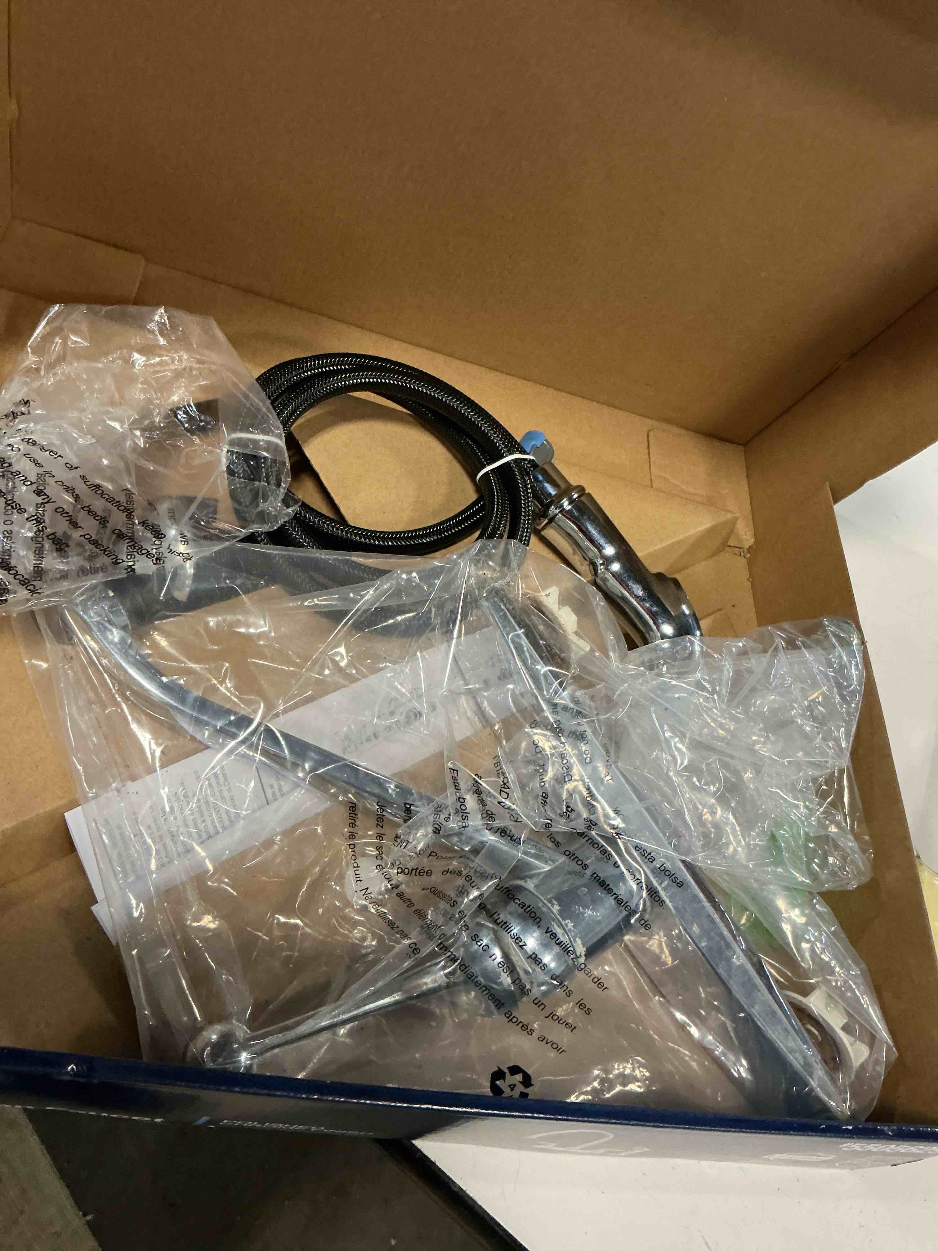 Condition photo showing As Is for project source brice polished chrome double handle deck-mount kitchen faucet (includes deck plate) (includes side sprayer) 8938529884752