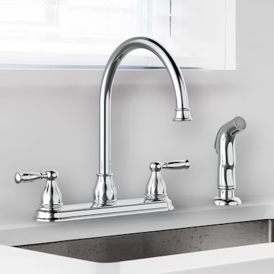 project source brice polished chrome double handle deck-mount kitchen faucet (includes deck plate) (includes side sprayer) 8938529884752