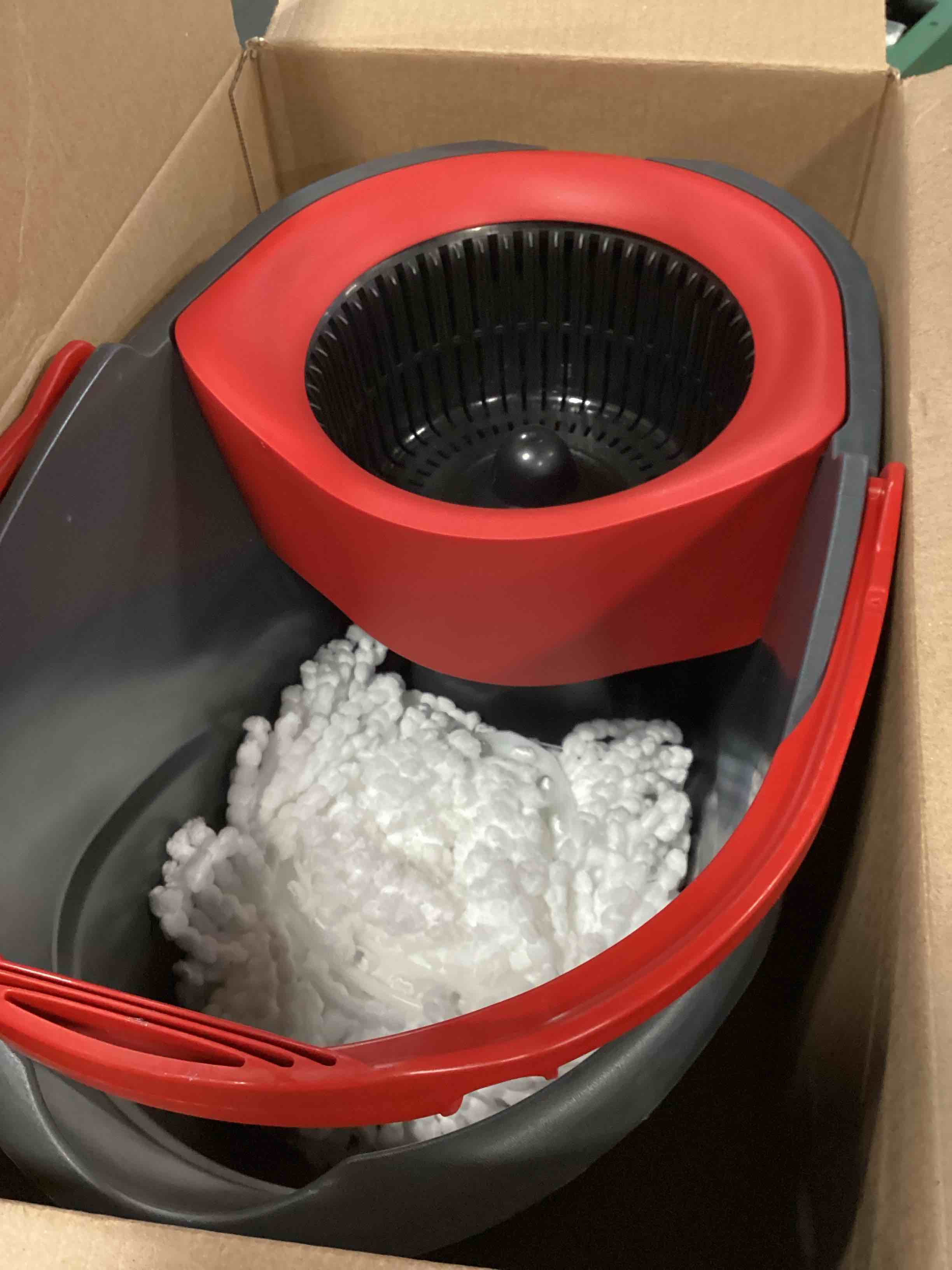Condition photo showing As Is for o-cedar easywring microfiber spin mop, bucket floor cleaning system, red, gray, standard easywring spin mop & bucket