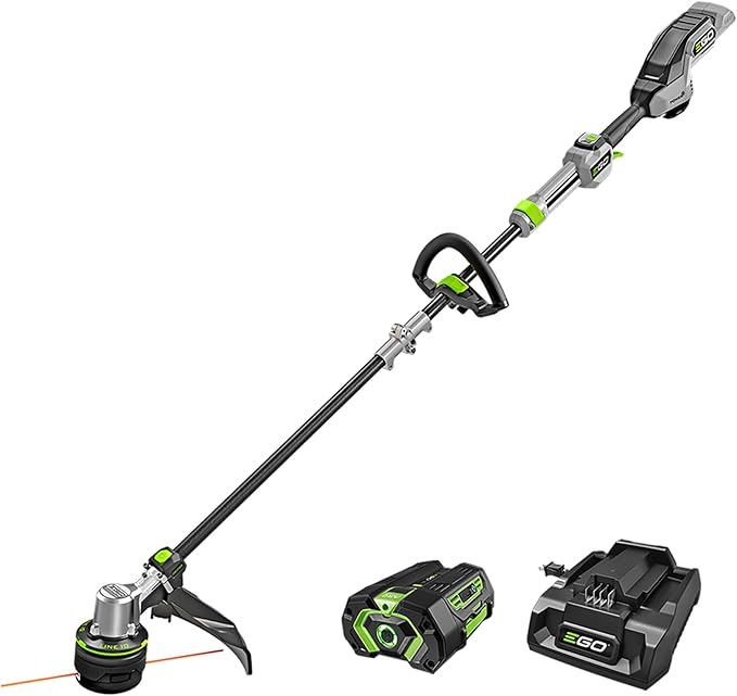 ego power+ string trimmer, battery powered, 16" trimmer for weeds and grass with powerload, line iq, telescopic carbon fiber shaft, includes 56v 4.0ah battery and charger - st1623t