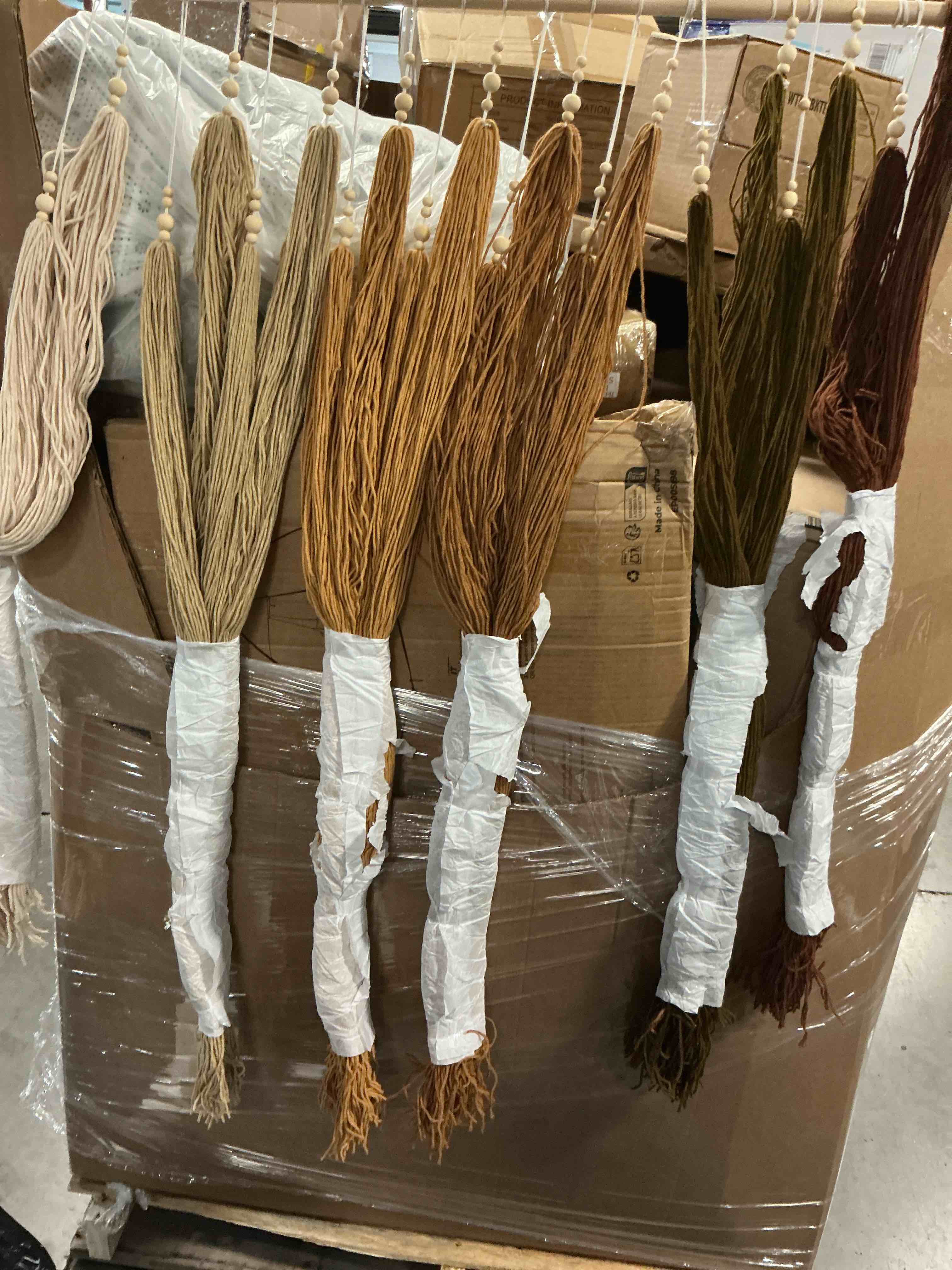 Condition photo showing Good Condition for macrame wall hanging boho home decor handmade cotton fiber art with neutral ivory tassels modern bohemian wall decor for living room bedroom apartment 27" w x 22" l