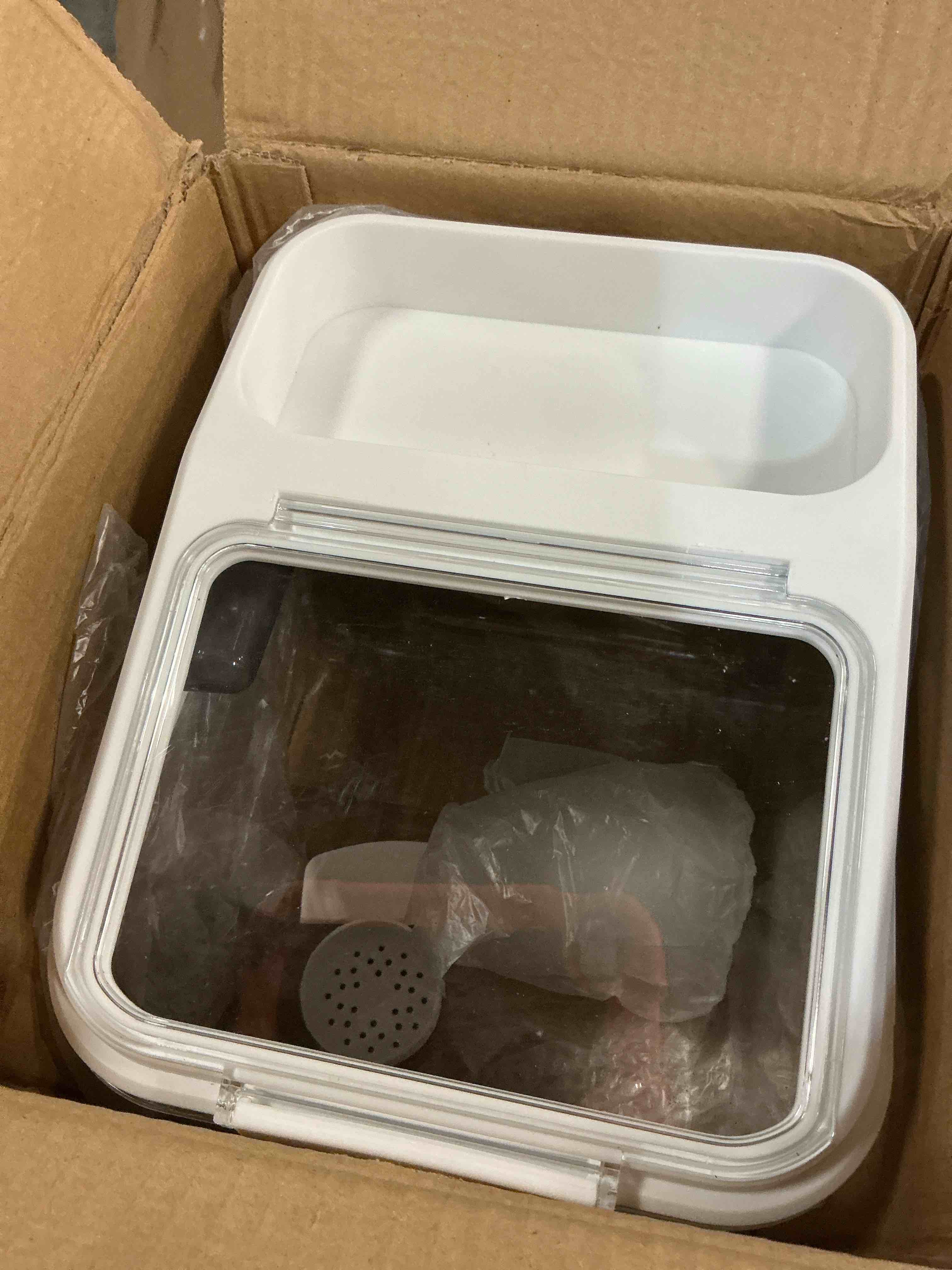 Condition photo showing As Is for fhiny 11lb dog food storage container, airtight pet treat bin translucent dry food grain storage barrels sealed bucket moisture-proof plastic cat puppy food bin with seal locking lid keep fresh l:10"l x 7.5"w x 10"h