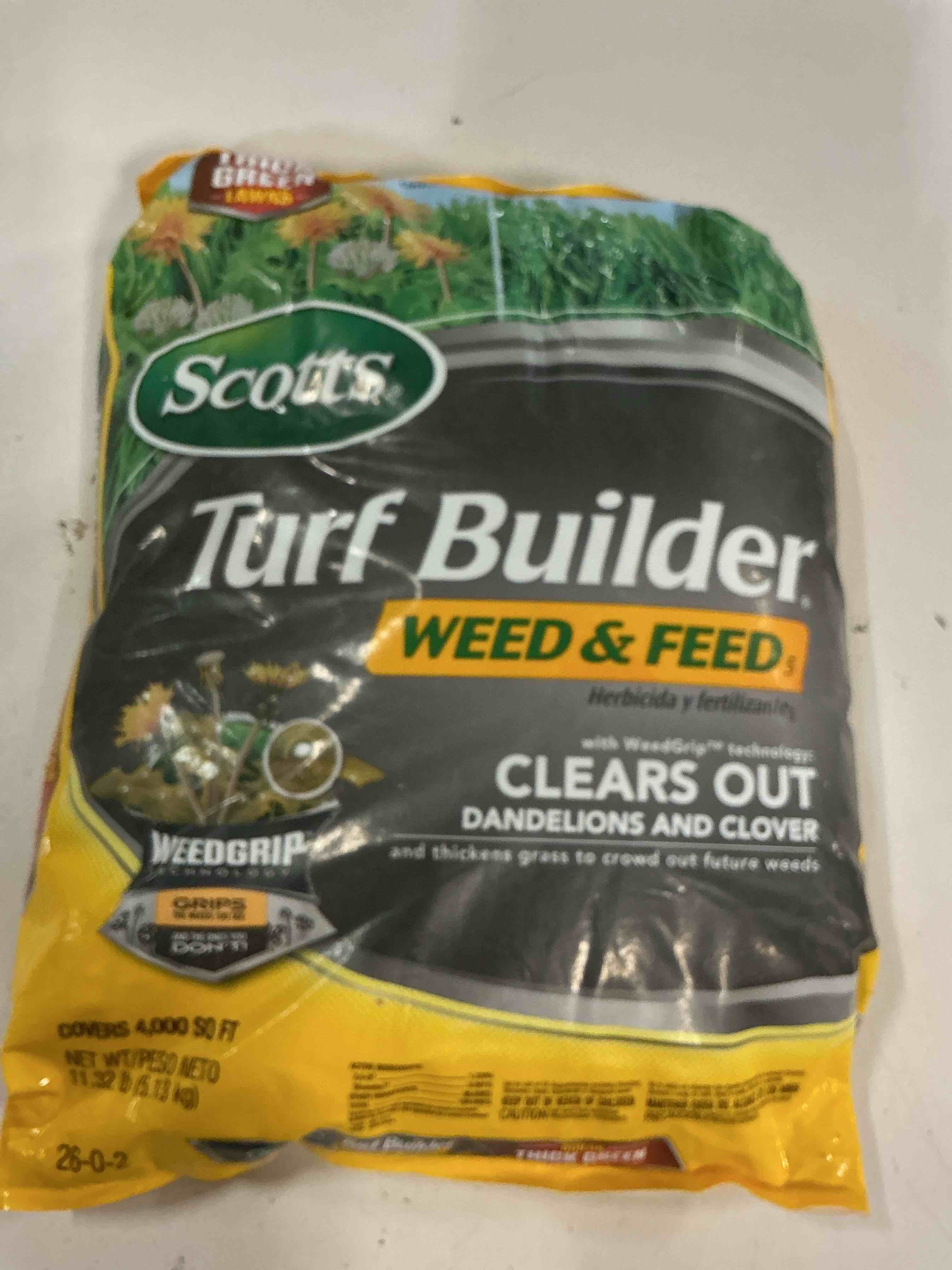 Condition photo showing Good Condition for scotts turf builder weed & feed5, weed killer and lawn fertilizer, controls dandelion, clover and more, 4,000 sq. ft, 11.32 lbs.