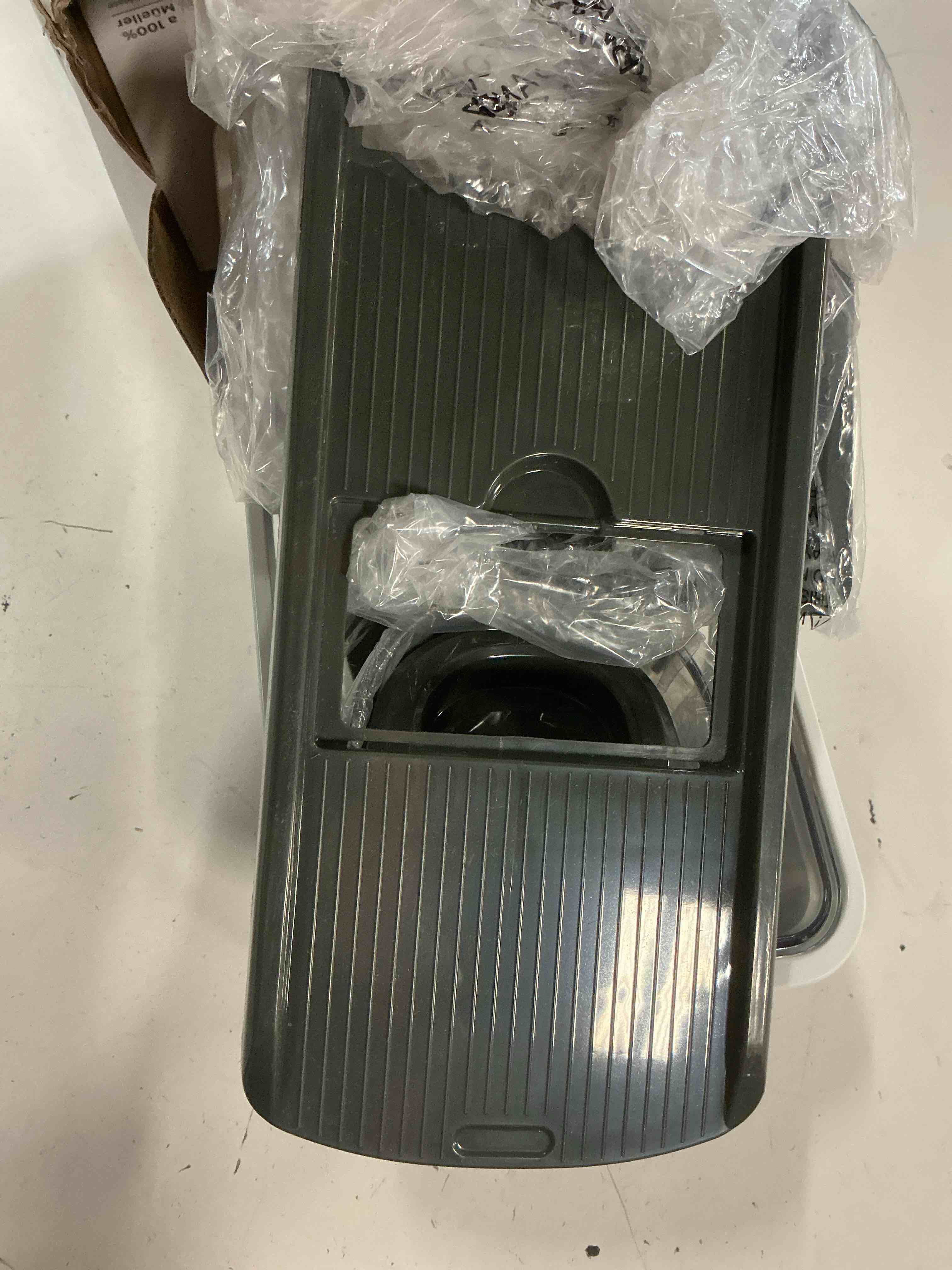 Condition photo showing As Is for mueller pro-series all-in-one, 12 blade mandoline slicer for kitchen vegetable chopper, vegetable slicer and spiralizer, cutter, dicer, food chopper, grater, kitchen gadgets sets with container (b0b72dl8kl)