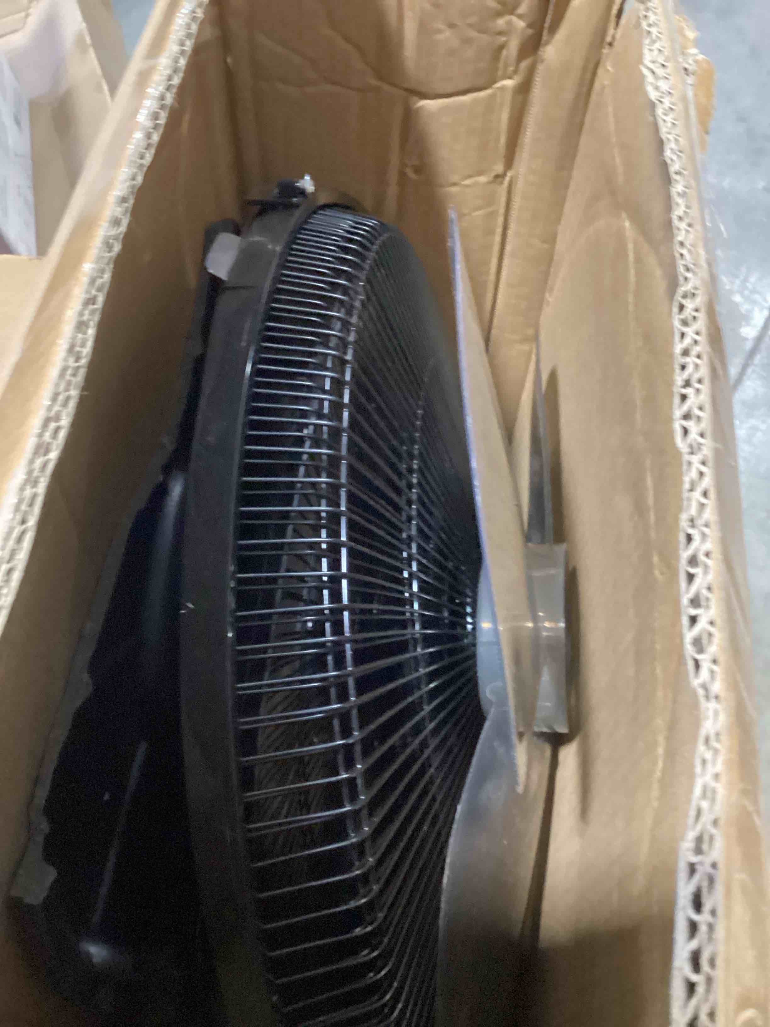 Condition photo showing As Is for amazon basics 16" pedestal fan with remote for bedroom, living room, office, adjustable height, dual-layered blades, 3 speeds, 3 modes, timer, tilt head, 60w, black 3-speed, ac motor