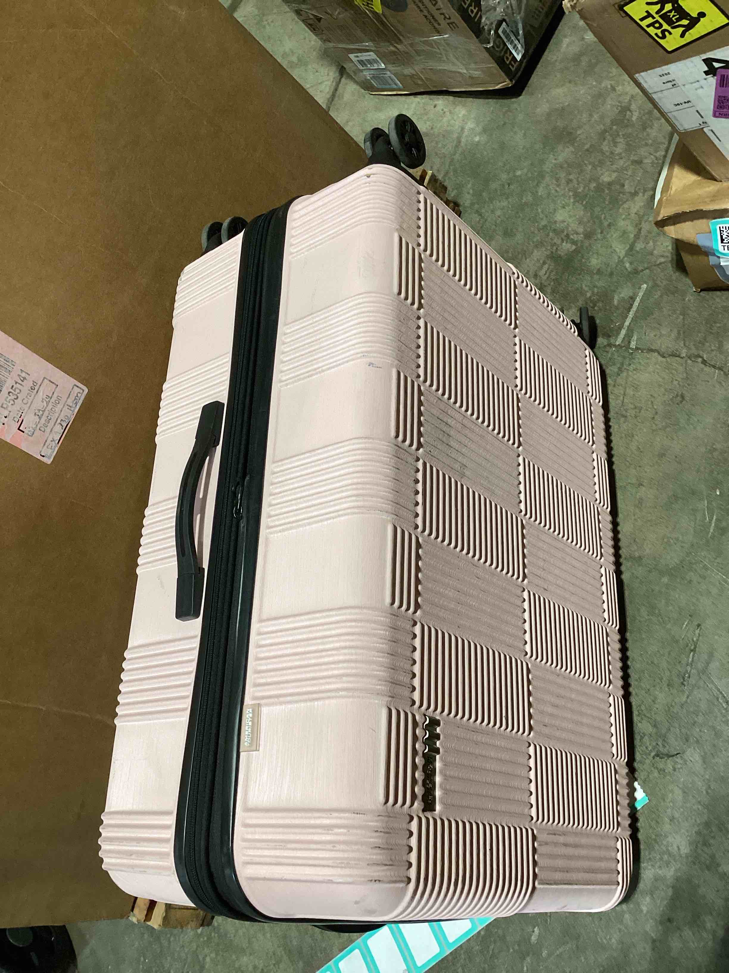 Condition photo showing As Is for checked large spinner wheels suitcase light pink - open story™