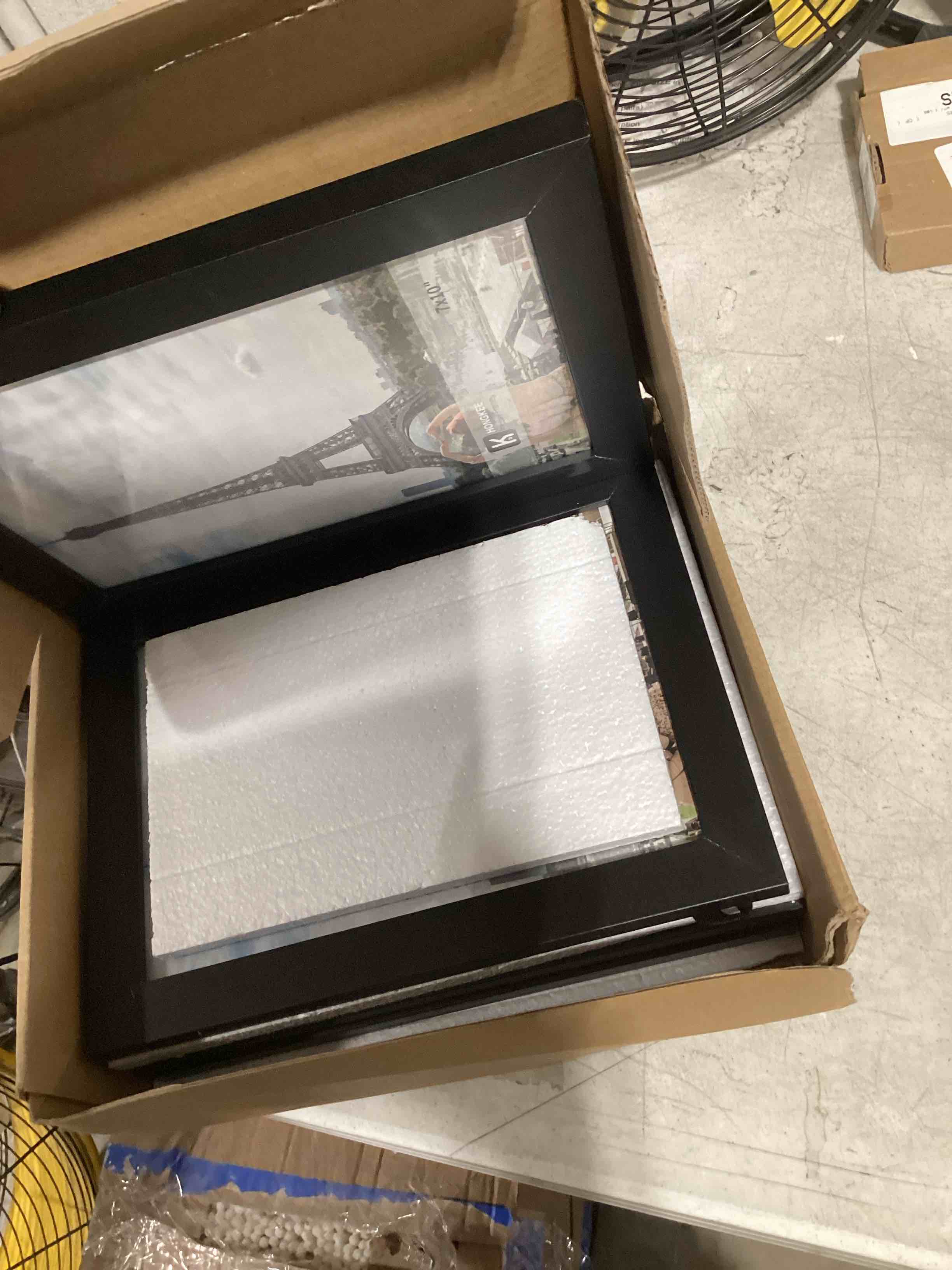 Condition photo showing As Is for hongkee 7x10 picture frame set of 4, made of real glass and black frame - display 5.5 x 8.5 diploma frame with mat or 7x10 without mat, 7 by 10 photo for wall or tabletop black 7x10 in