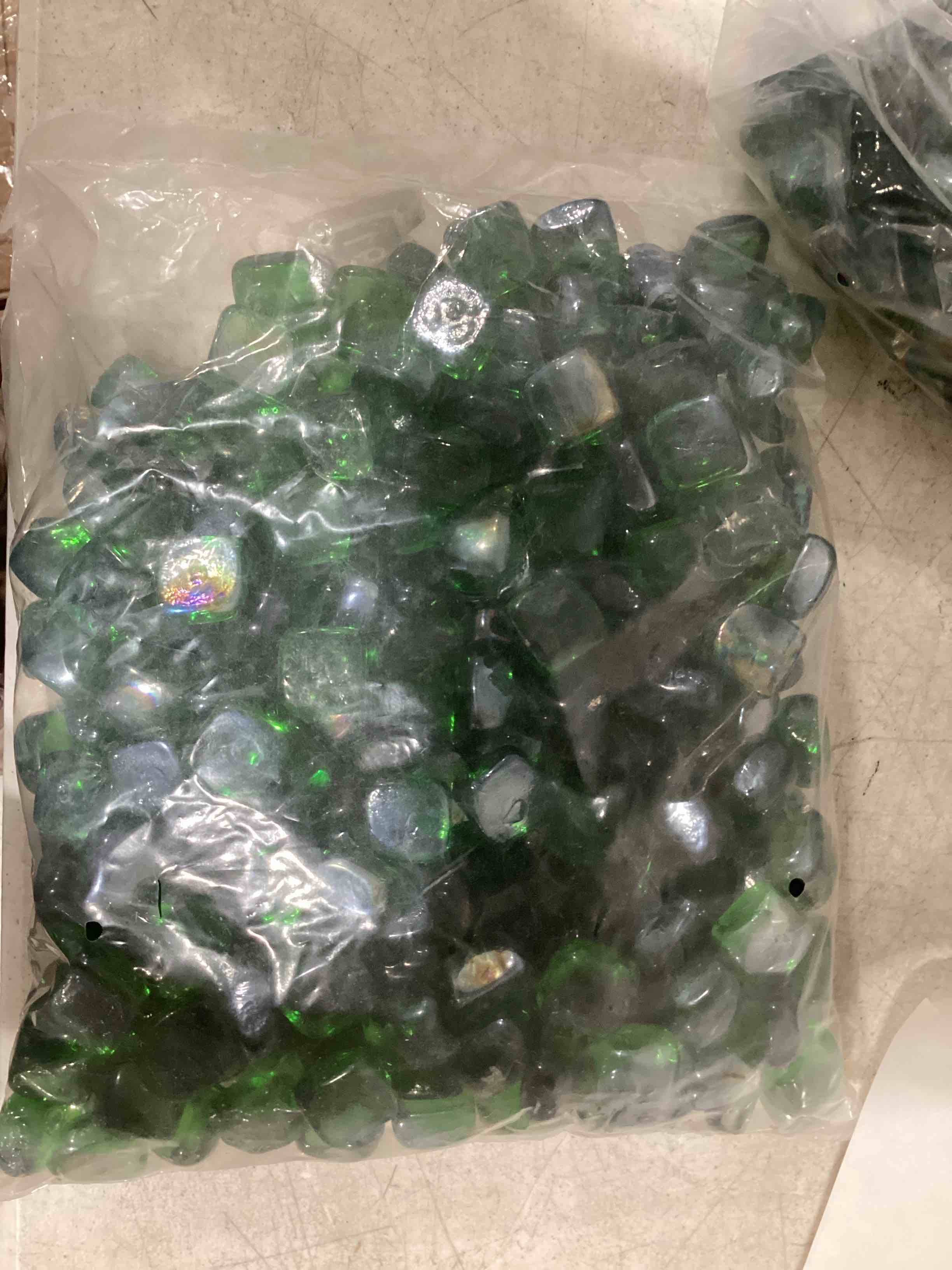 Condition photo showing As Is for green fire glass, 10 pounds of 1 in. premium tempered square fire pit glass, high luster fireglass f