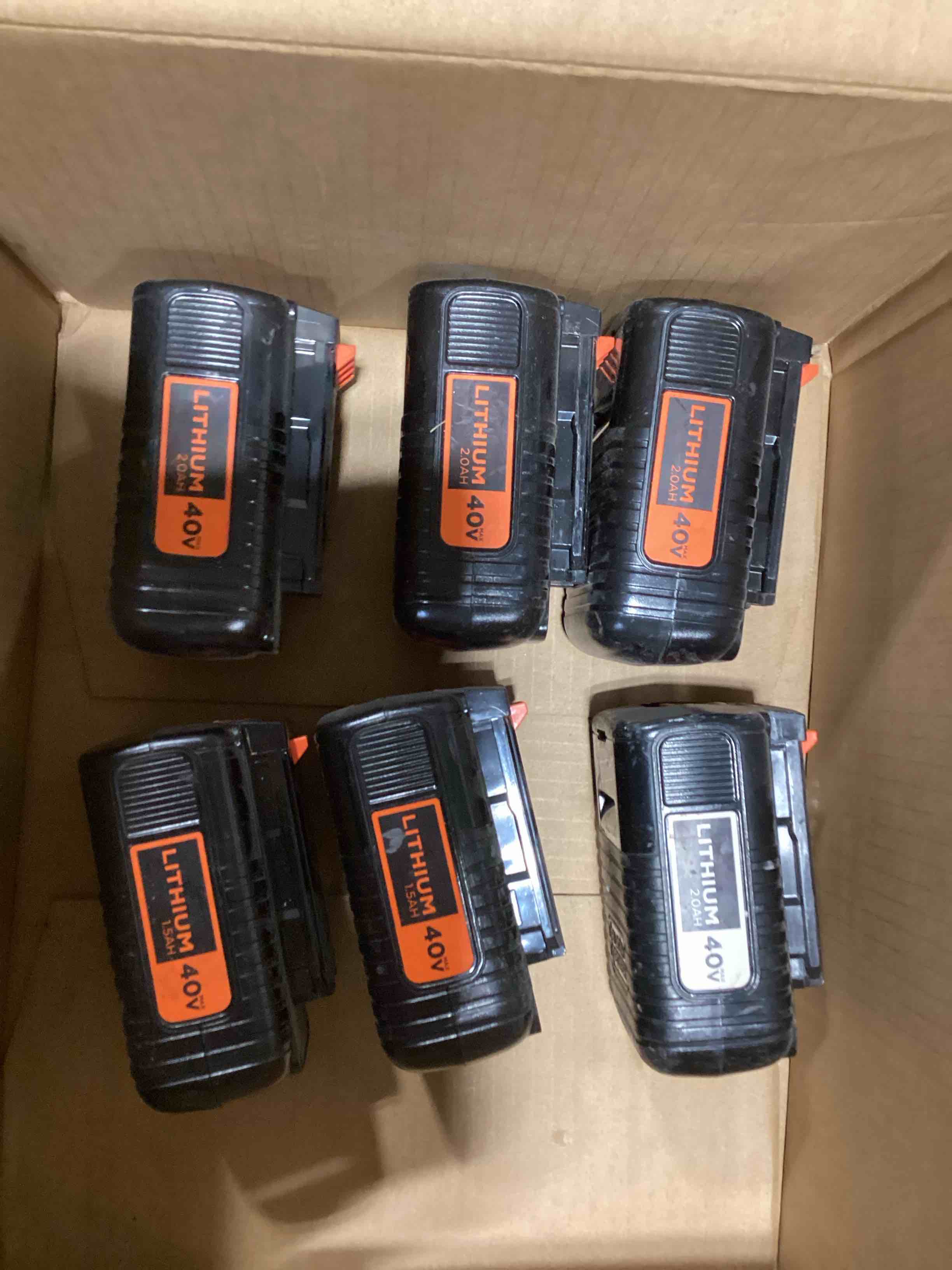 Condition photo showing As Is for 6 black&decker 40v lithium batteries, no charger