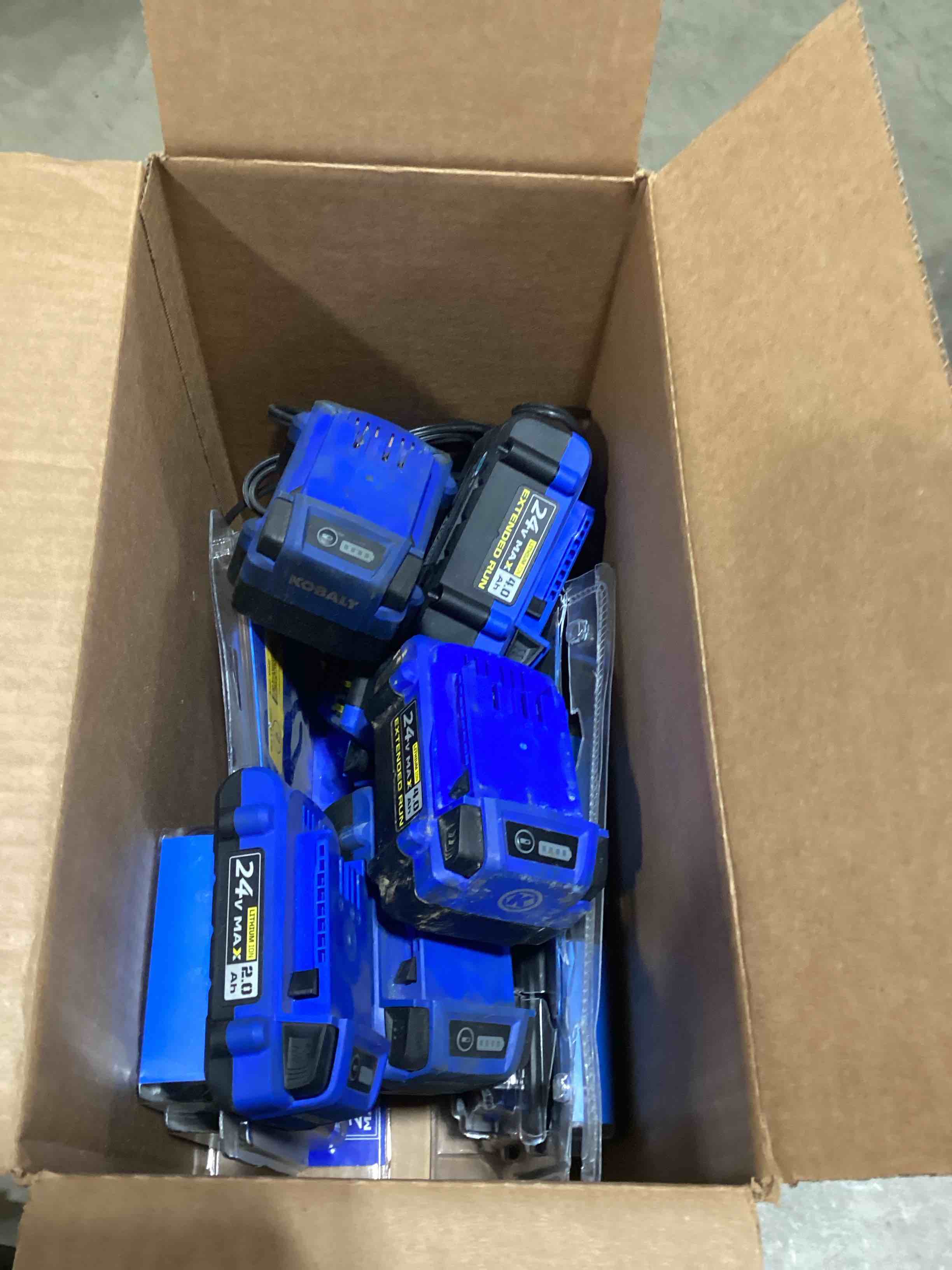 Condition photo showing As Is for kobalt 24v batteries and chargers, (untested)