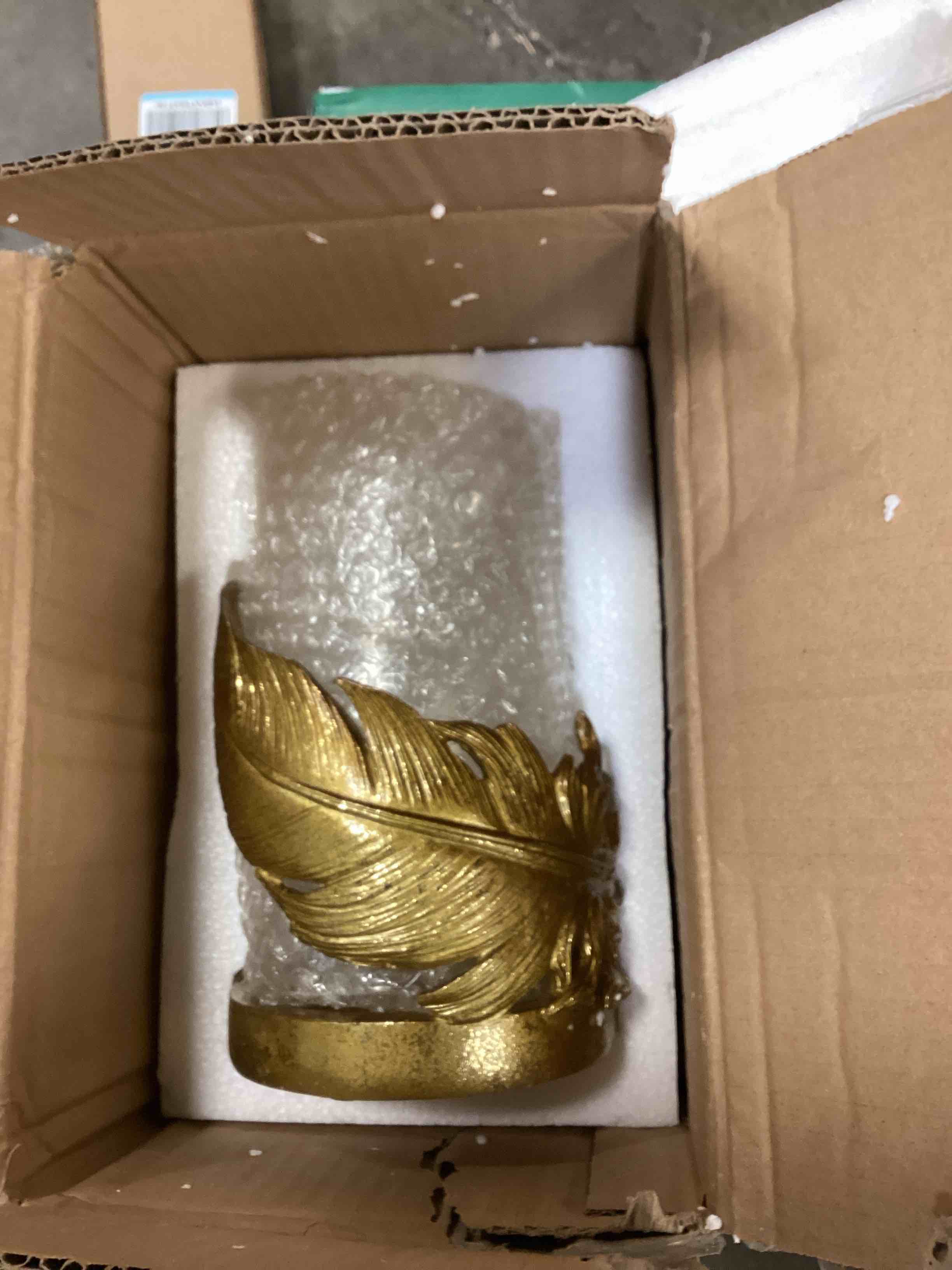 Condition photo showing New/Like New for deco 79 glass bird feather pillar candle holder, 5" x 5" x 8", gold