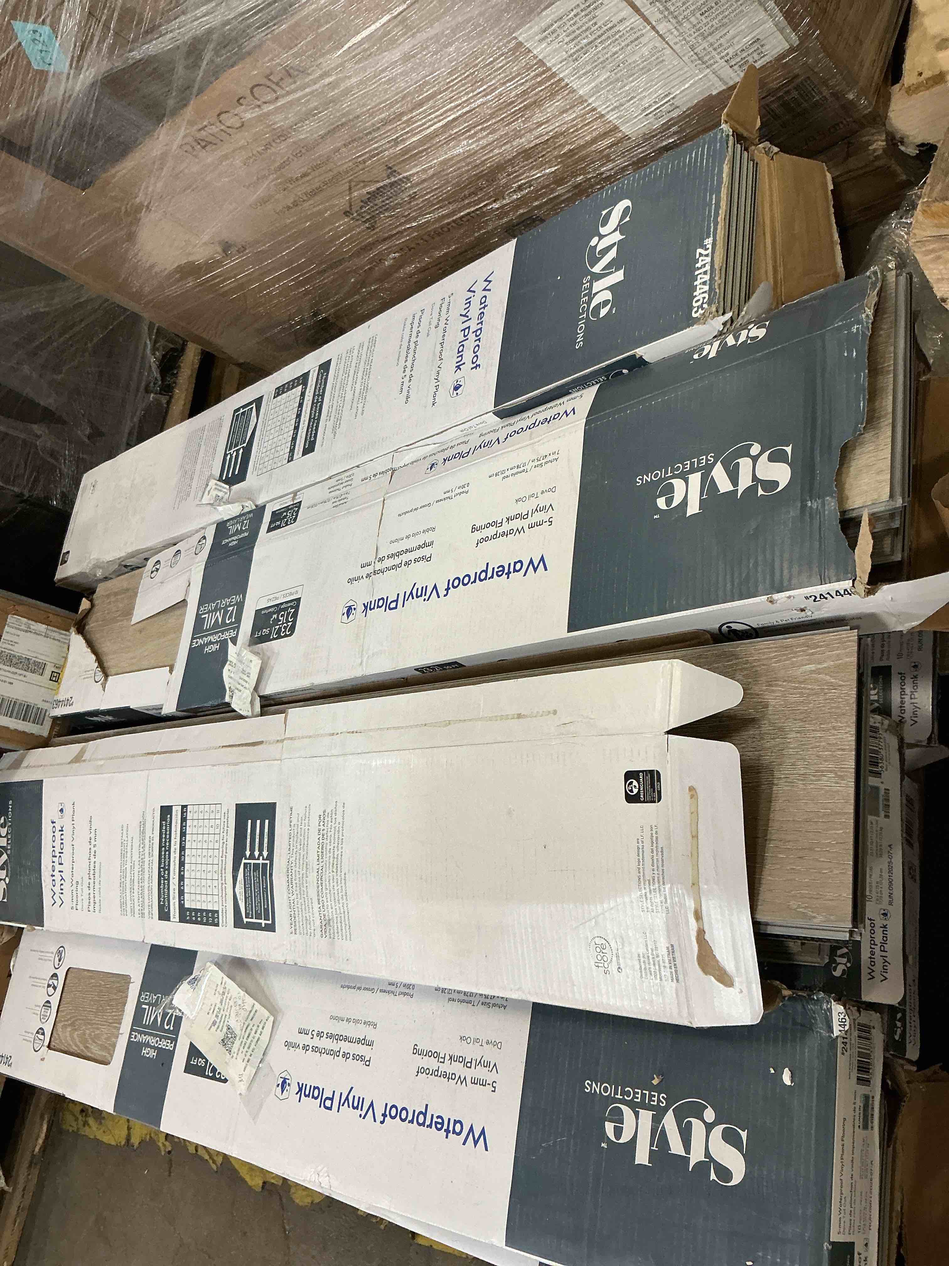 Condition photo showing As Is for style selections dove tail oak 12-mil x 7-in w x 48-in l waterproof luxury vinyl plank flooring