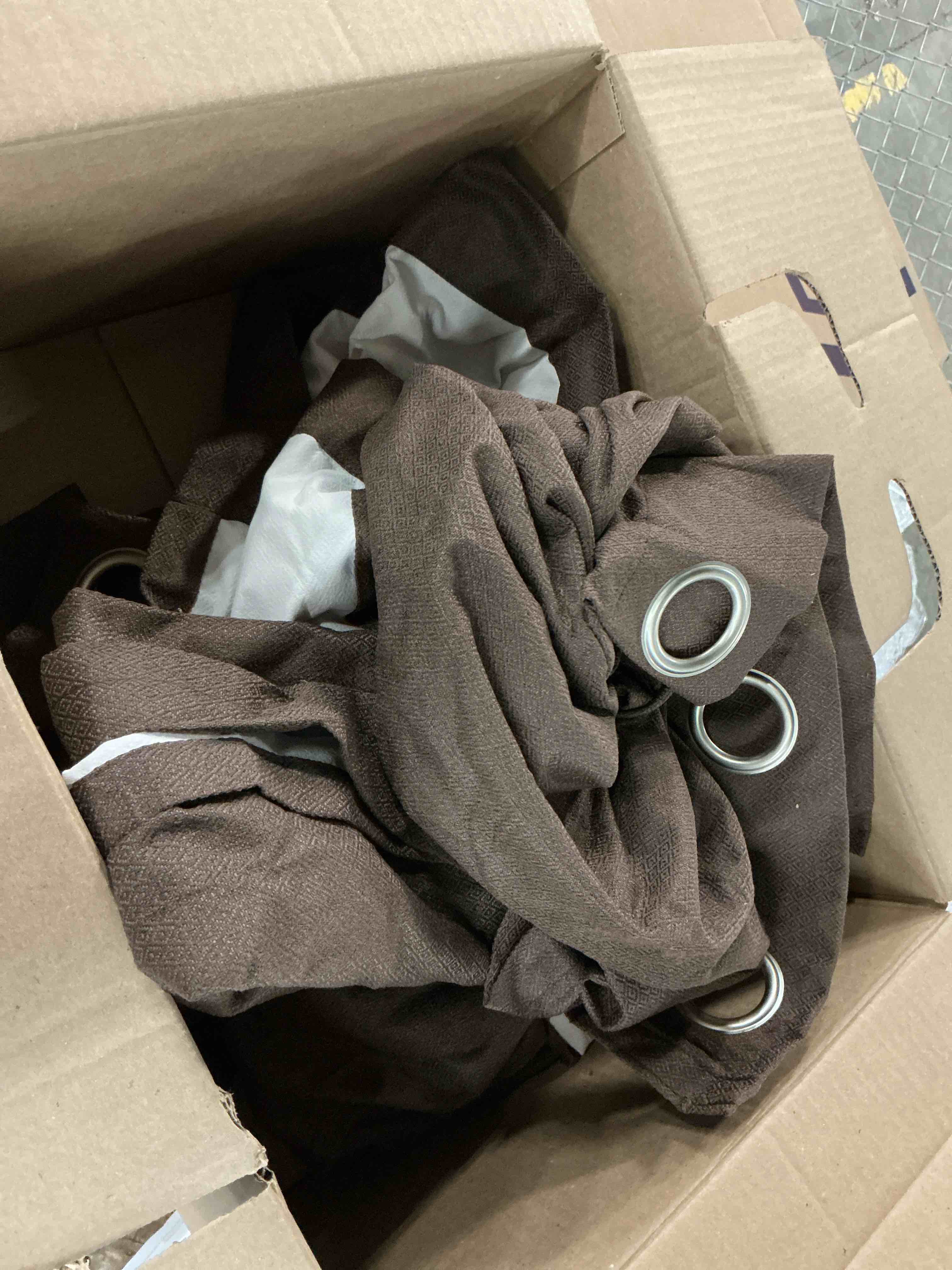 Condition photo showing As Is for allen + roth 84-in chocolate brown room darkening grommet curtain panel pair