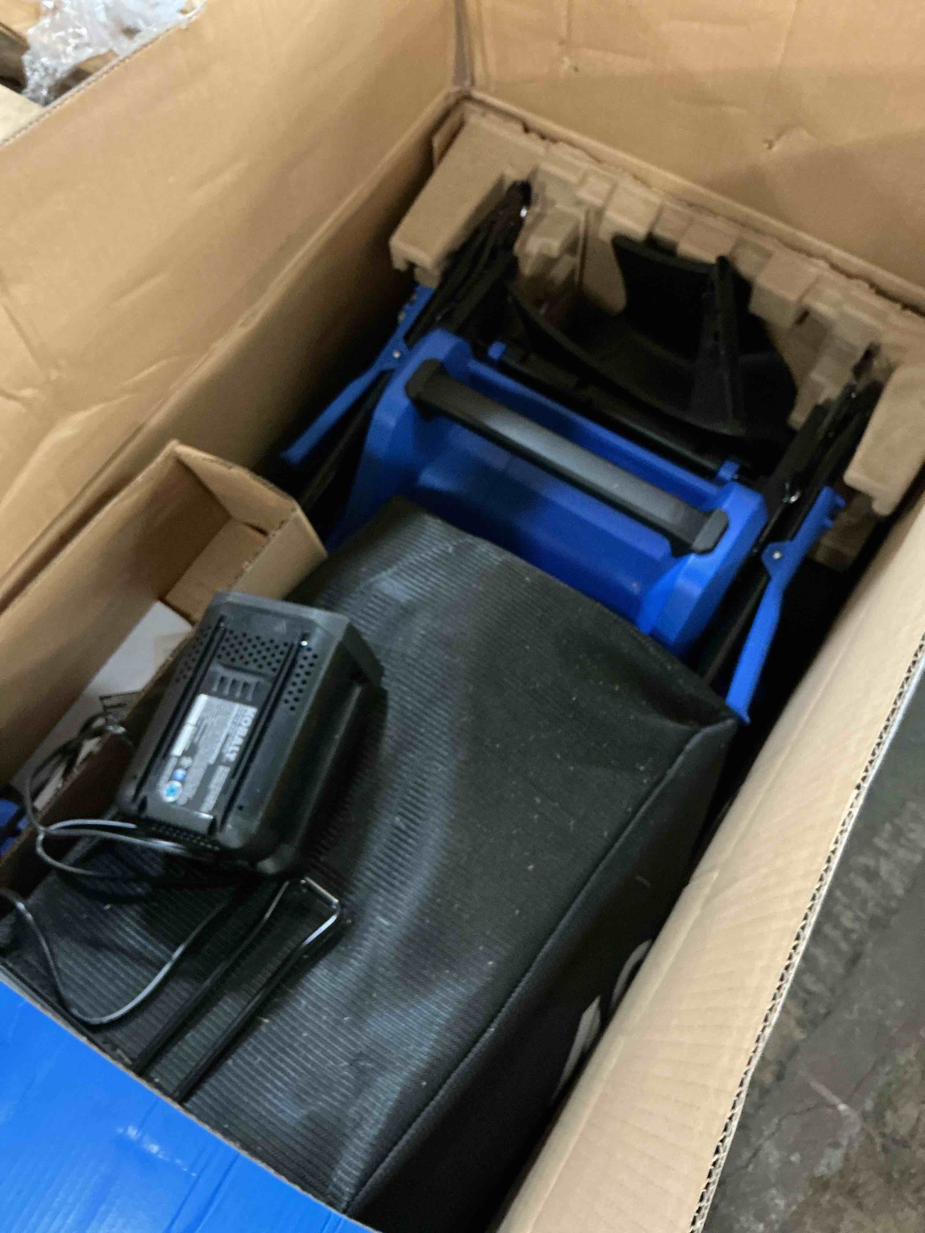 Condition photo showing As Is for kobalt 40-volt 21-in self-propelled battery mower