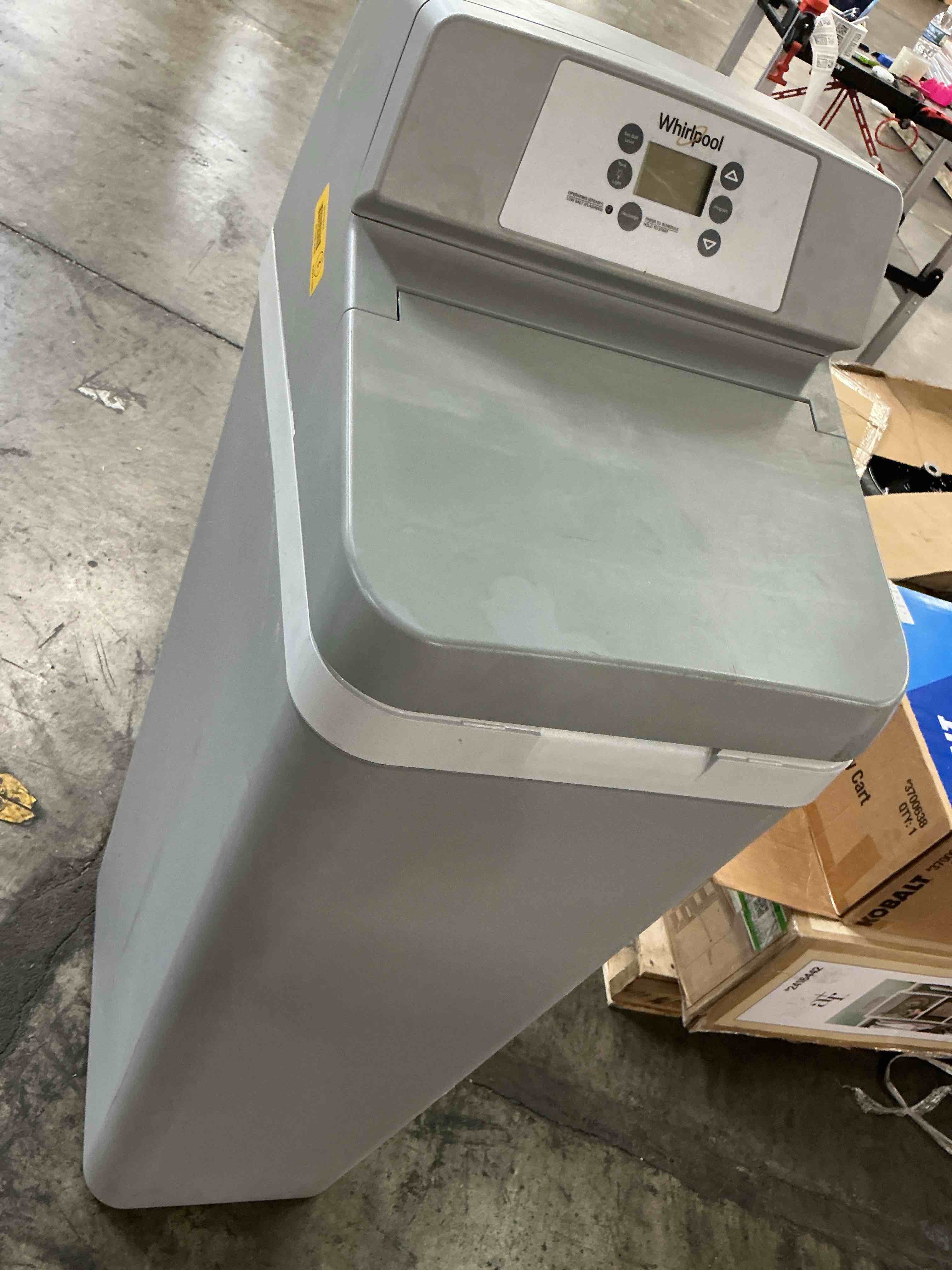 Condition photo showing As Is for whirlpool 44000 grain water softener for hard water and iron reduction