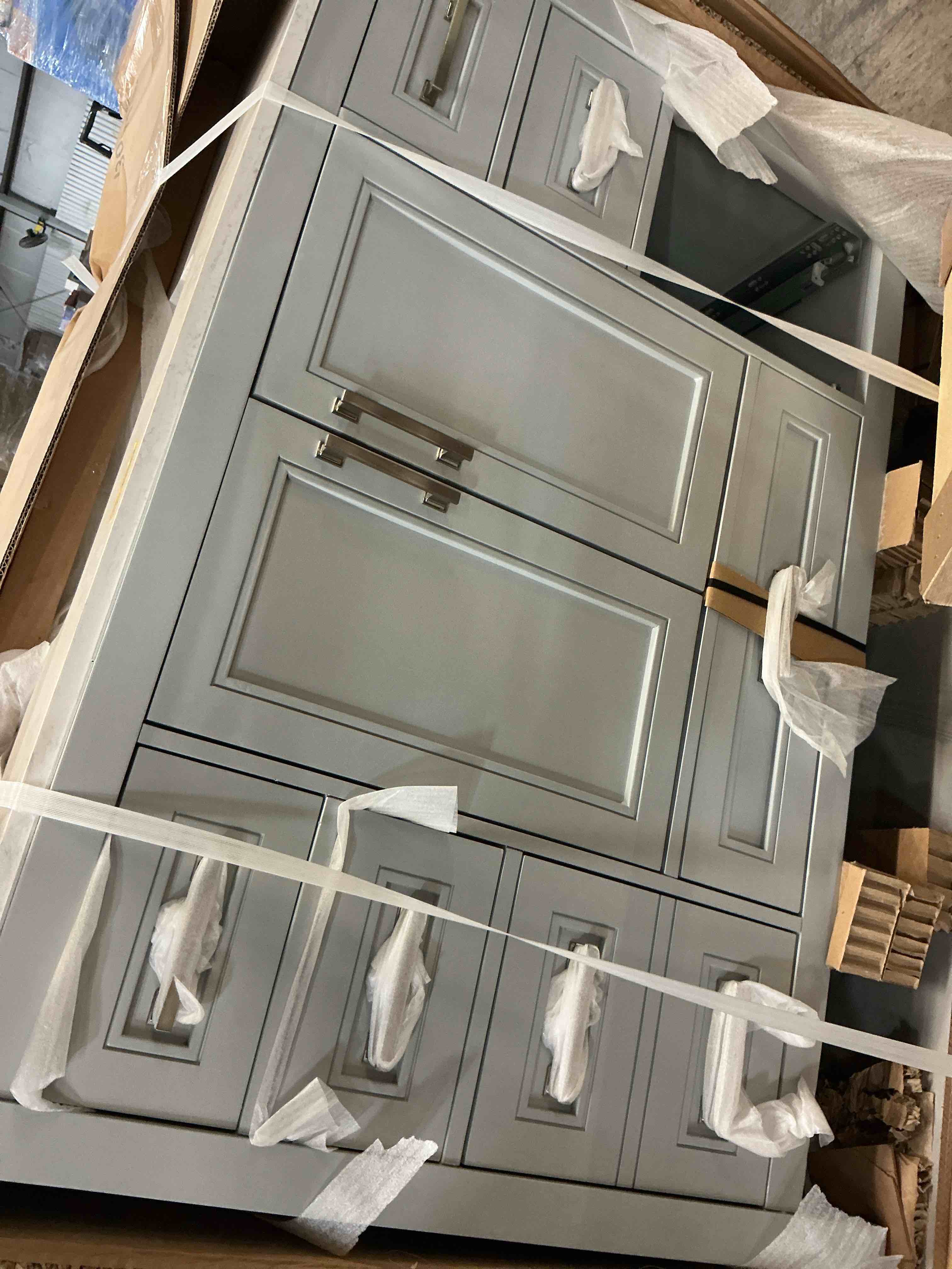 Condition photo showing As Is for allen + roth crest hill 48-in muse gray undermount single sink bathroom vanity