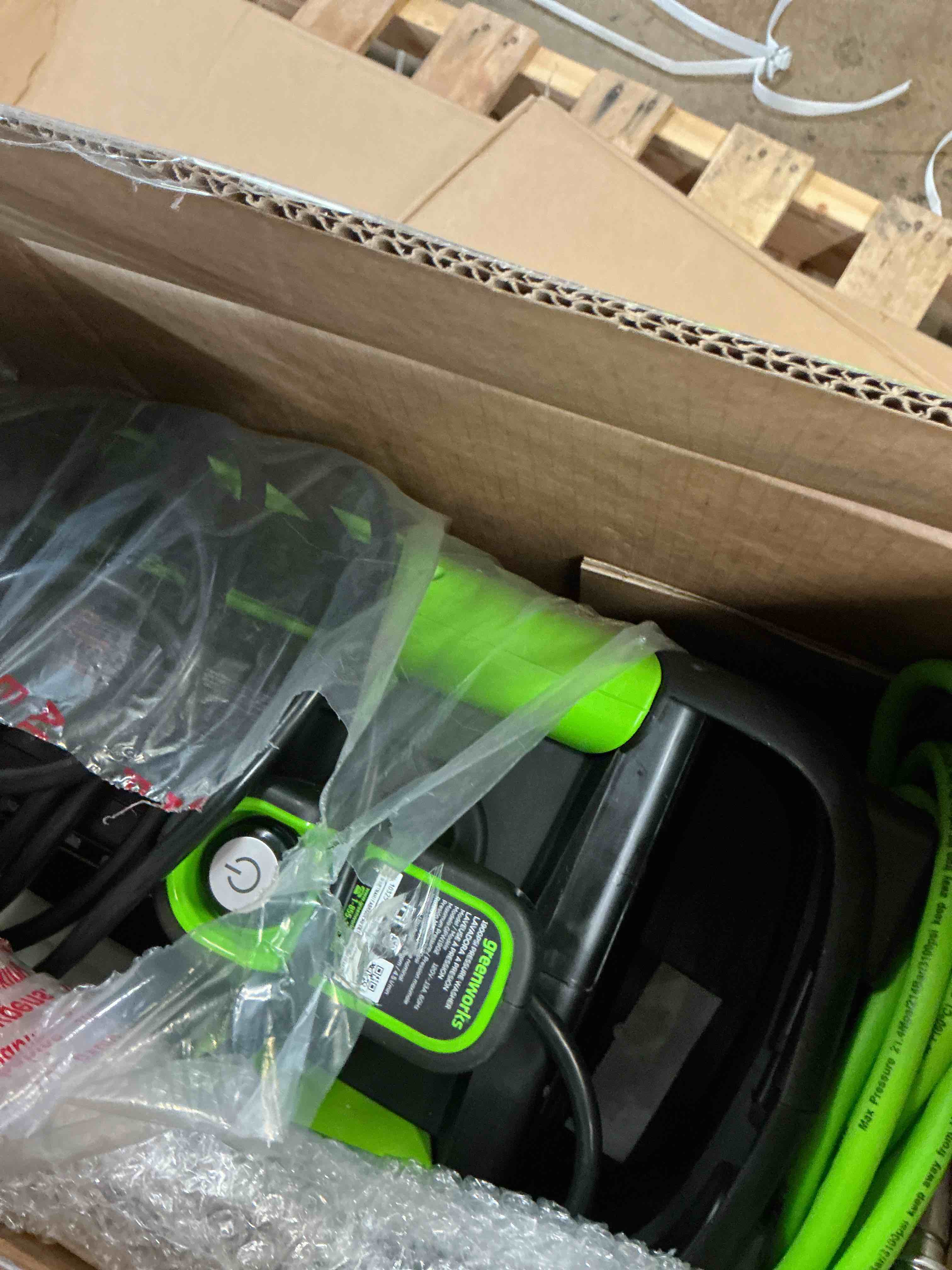Condition photo showing As Is for greenworks 2100 psi (sgs certified) 1.2 gpm 13amp compact electric pressure washer telescoping handle power washer for cars, driveways, patios, patio furniture & around pools