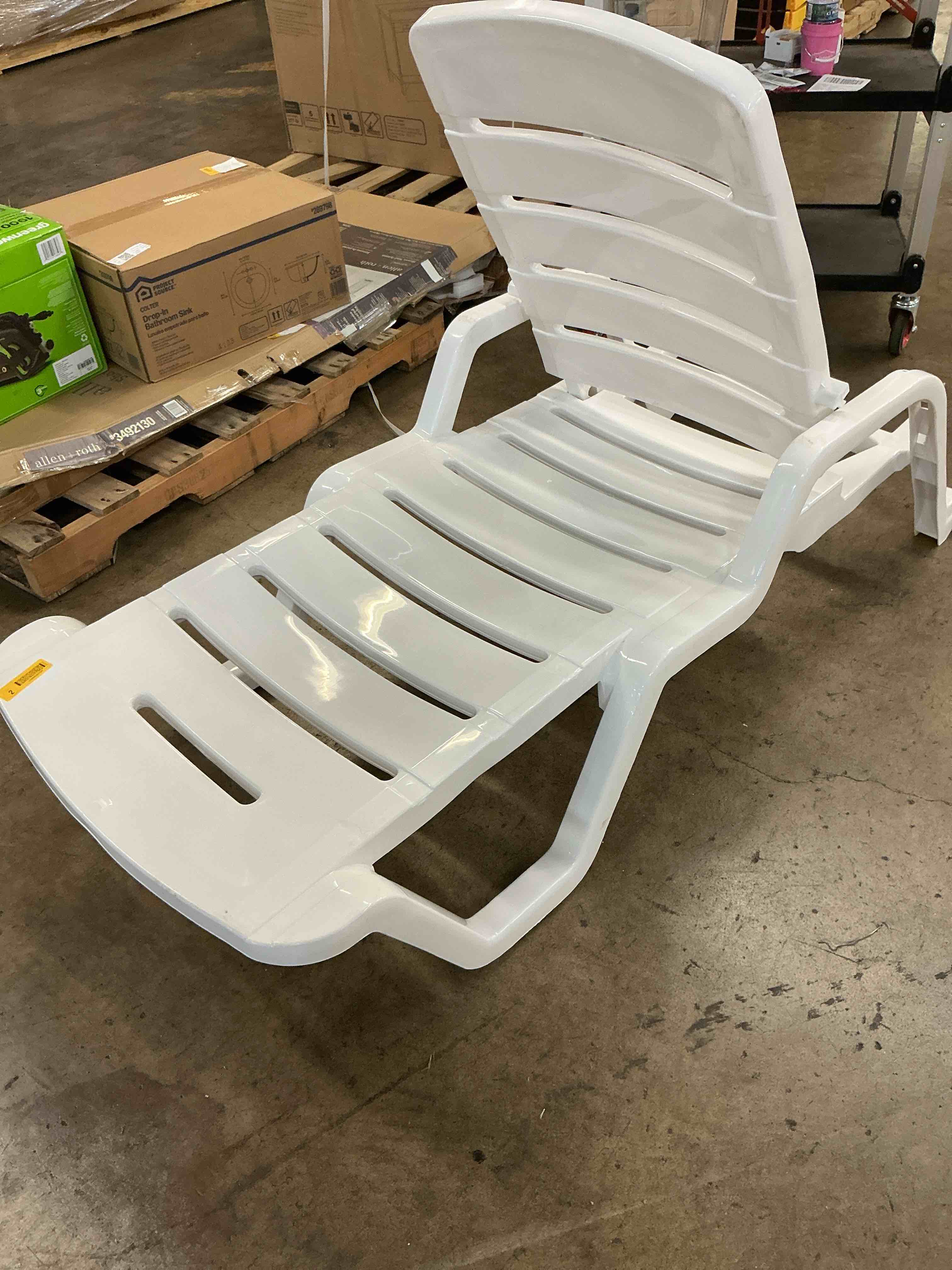 Condition photo showing As Is for adams manufacturing stackable white resin frame stationary chaise lounge chair with slat