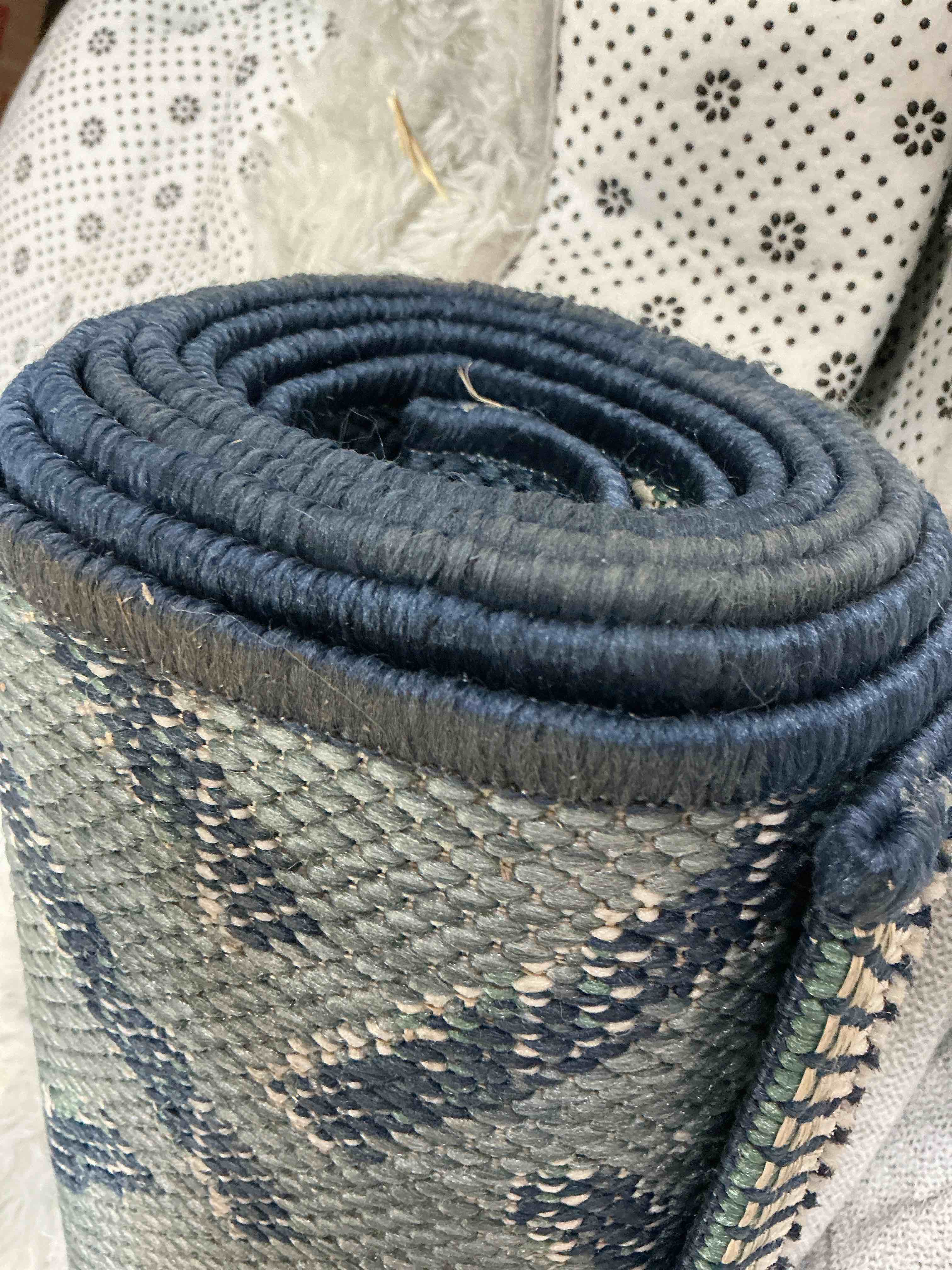 Condition photo showing As Is for mendocino geometric navy blue indoor/outdoor area rug