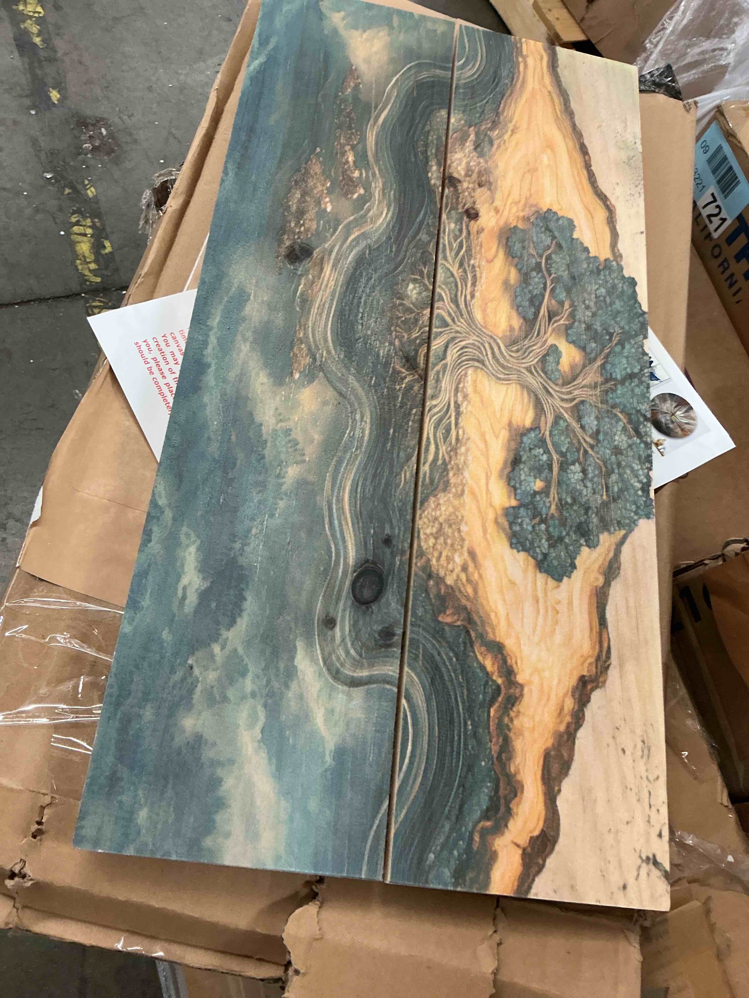 Condition photo showing As Is for blue gold tree of life in a forest landscape - tree of life wood print - on natural pine wood