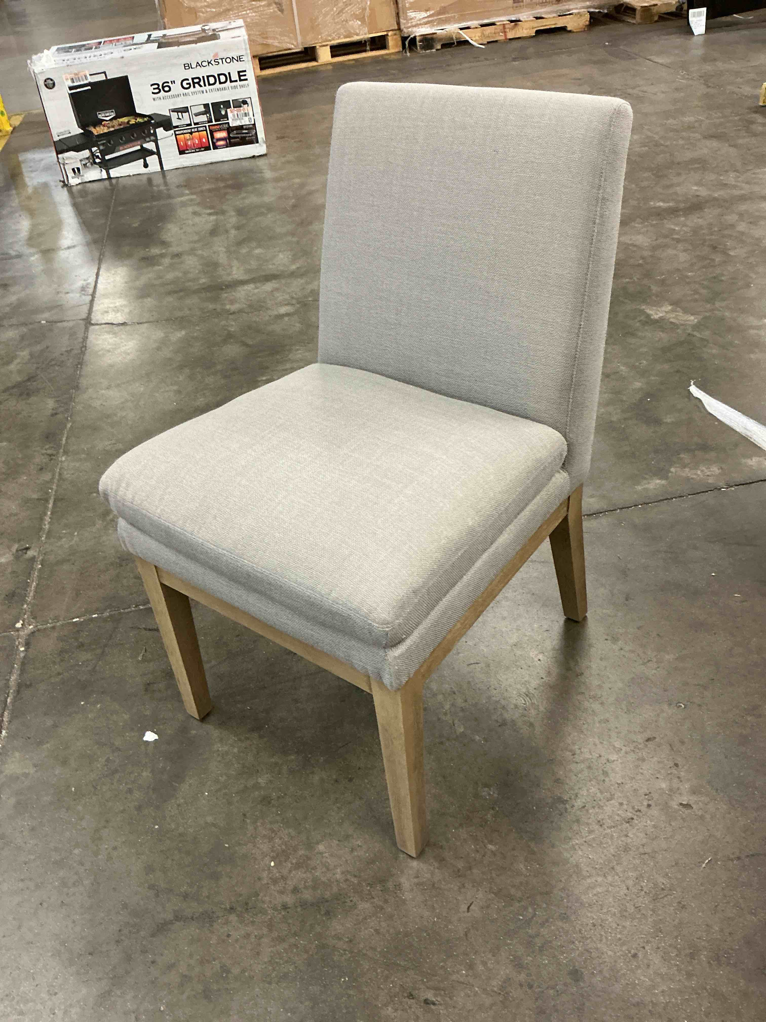 Condition photo showing Good Condition for contemporary upholstered dining chairs with weathered wood legs
