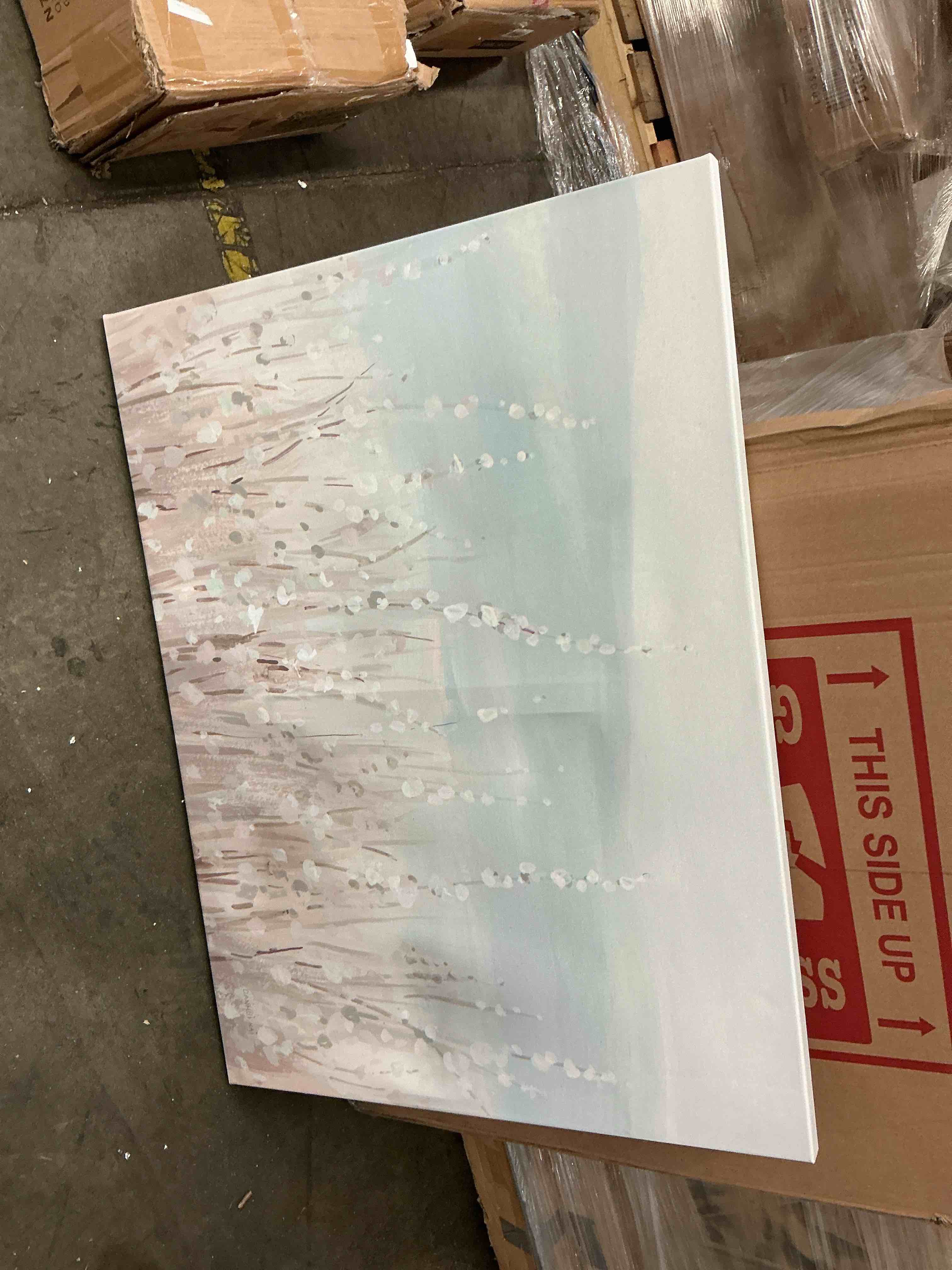 Condition photo showing As Is for elephant stock - coastal morning blooms wall art - horizontal canvas wall art - living room wall decor - painting grass canvas art - purple and gray decor by danhui nai