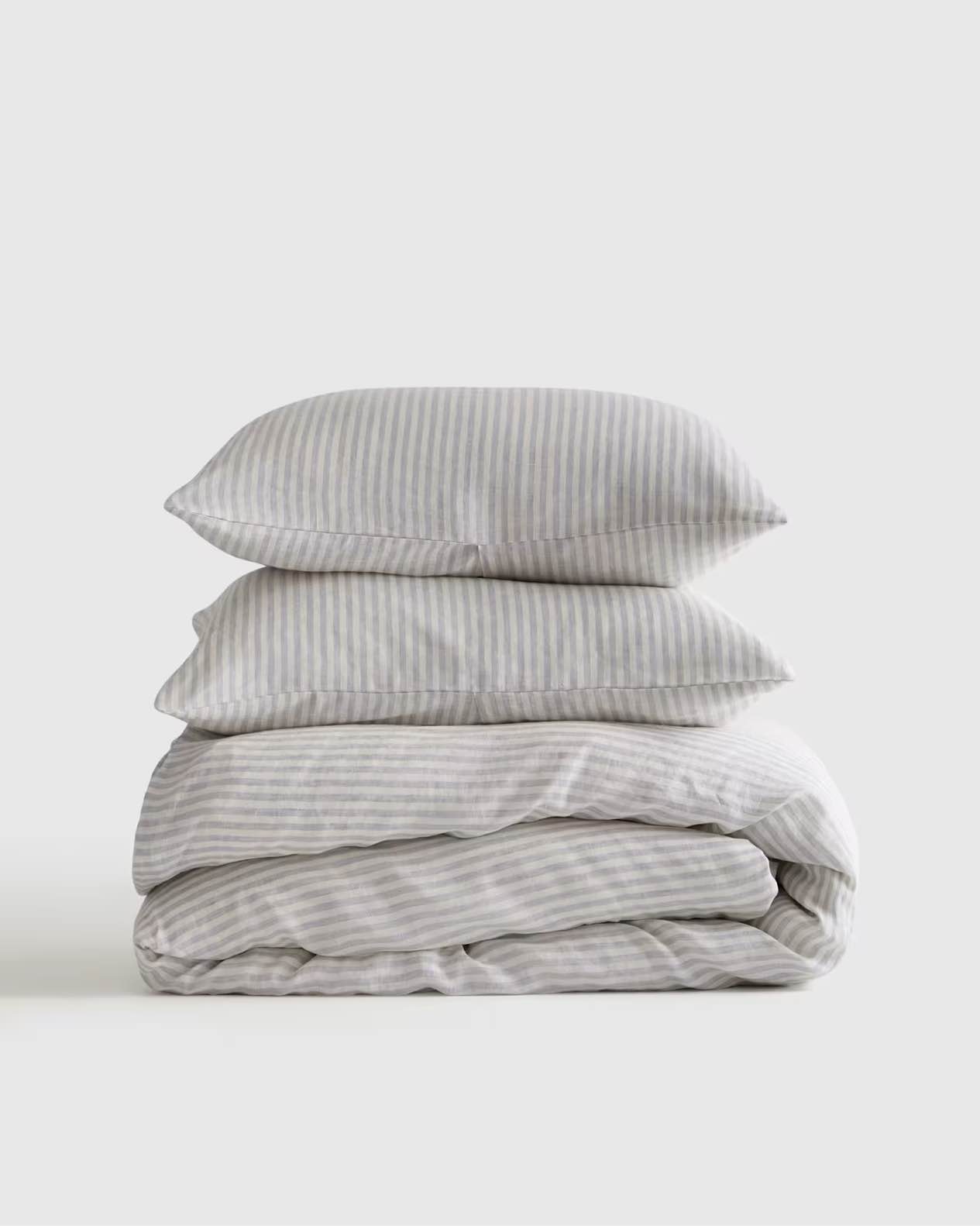 quince european linen stripe duvet cover set twin color mist/white stripe