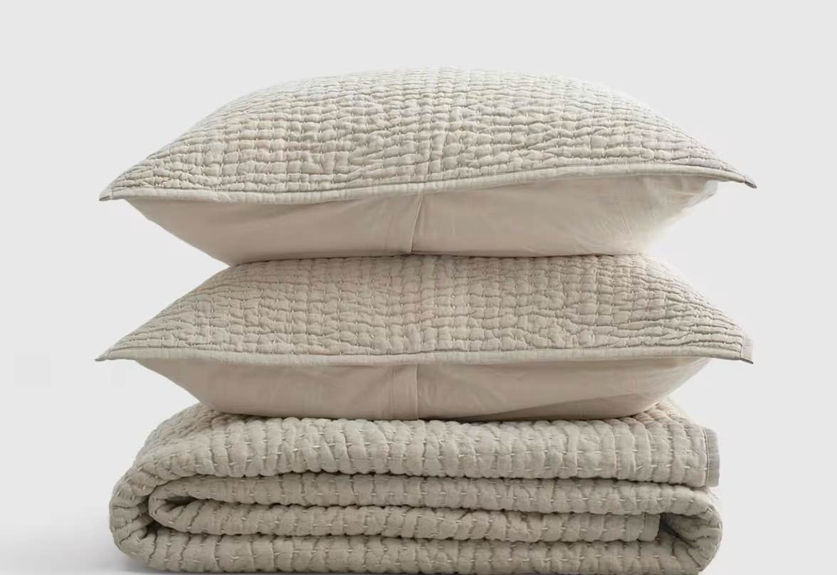 quince european linen cotton stitch quilt set king color natural