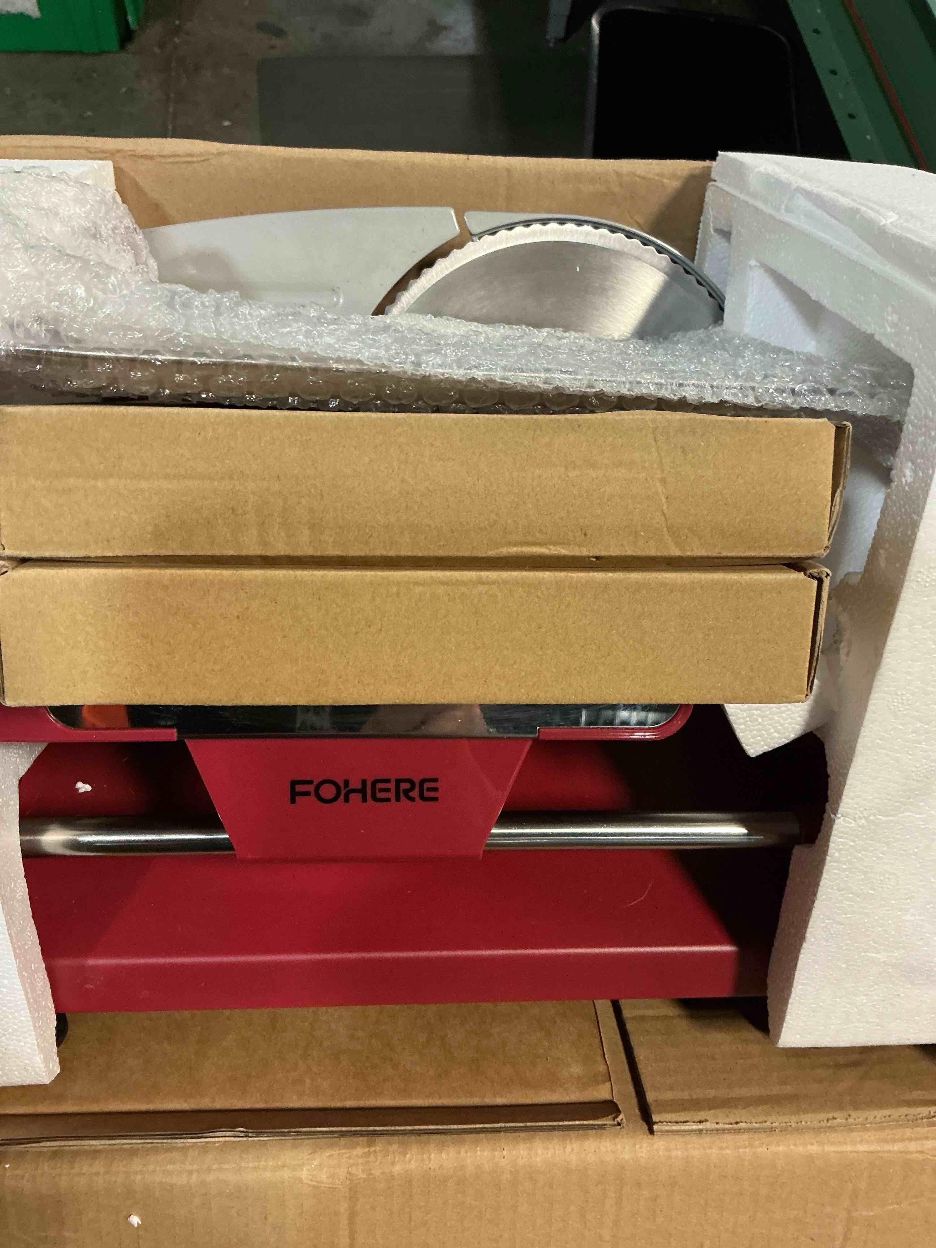 Condition photo showing As Is for fohere 250w meat slicer machine for home, electric food slicer with stainless steel tray & three 7.5" stainless steel blade, 0-15mm precise thickness deli meat slicer for bread fruit vegetable (red)