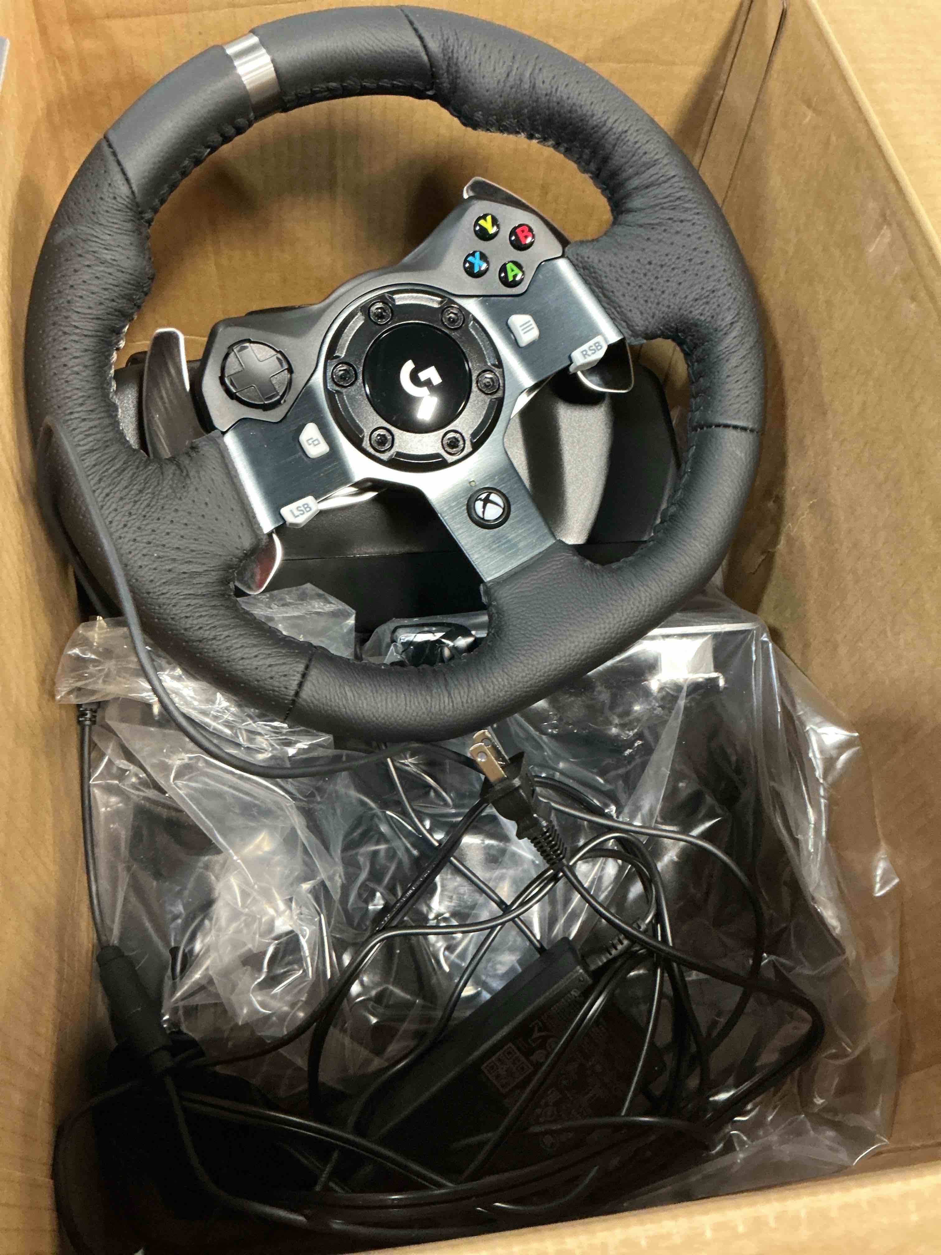 Condition photo showing Good Condition for logitech g920 driving force racing wheel and floor pedals, real force feedback, stainless steel paddle shifters, leather steering wheel cover for xbox series x|s, xbox one, pc, mac - black