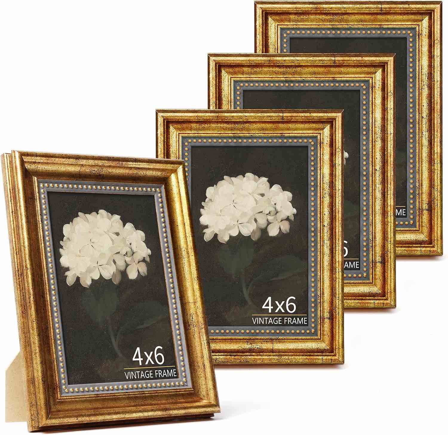 Aruifinw 4x6 Picture Frame Set of 4 - Vintage Gold Picture Frame for Tabletop & Wall Mount, 4 x 6 Ph