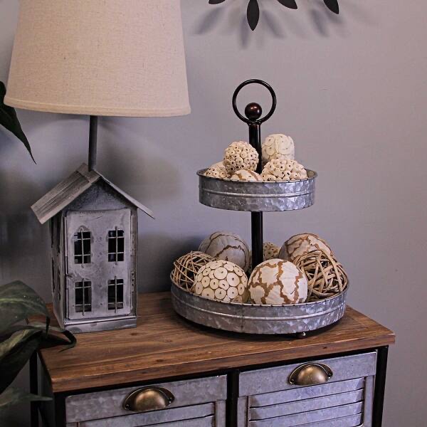 Metal White Wash Two-Tiered Serving Tray W/Wood Handle