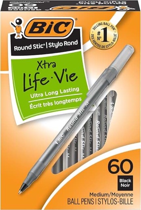 bic round stic xtra life black ballpoint pens, medium point (1.0mm), 60-count pack of bulk pens, flexible round barrel for comfortable writing, no. 1 selling ballpoint pens