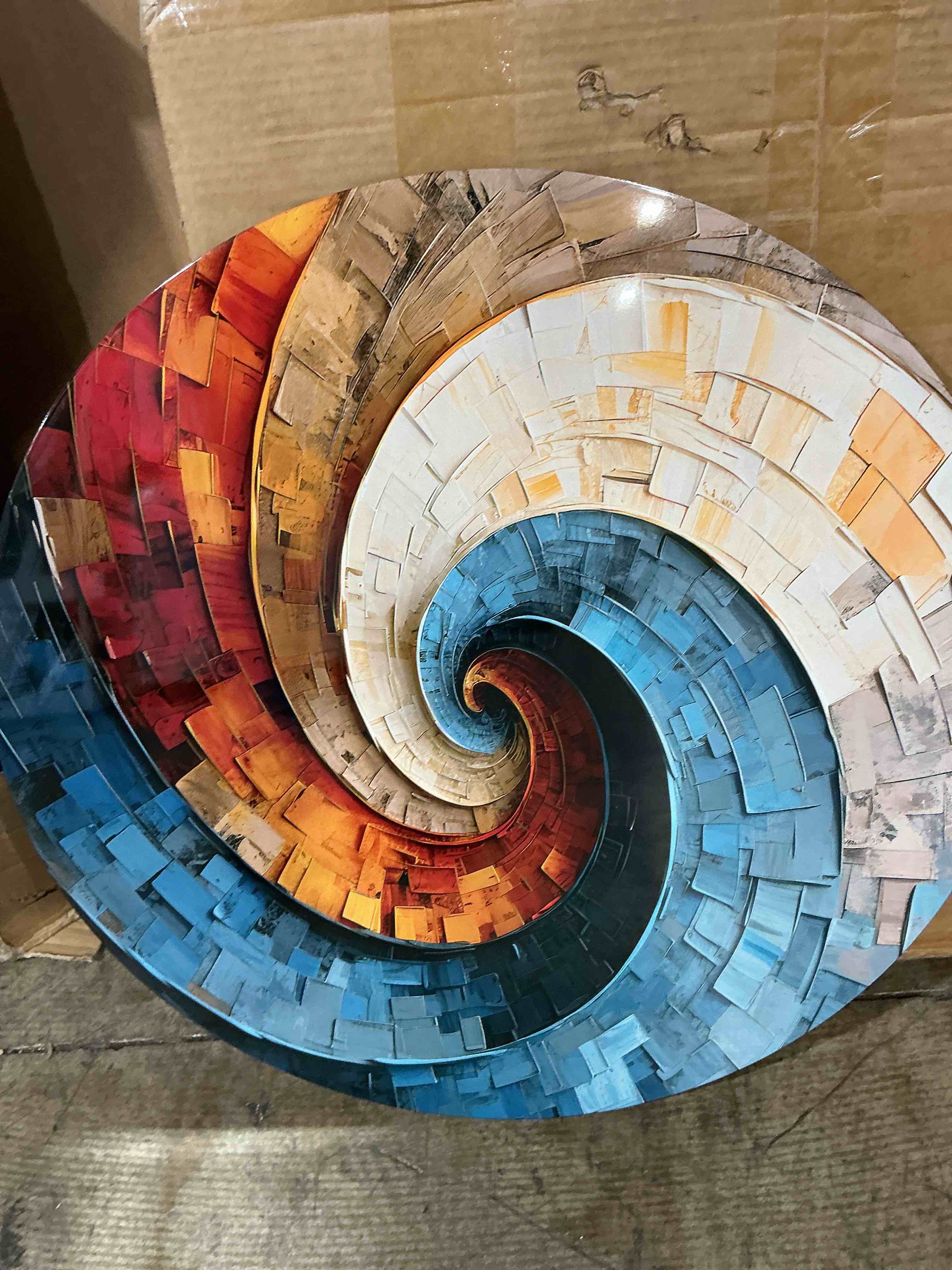Condition photo showing Good Condition for blue and orange collaged spiral - abstract round print on metal art, round wall art print (no texture